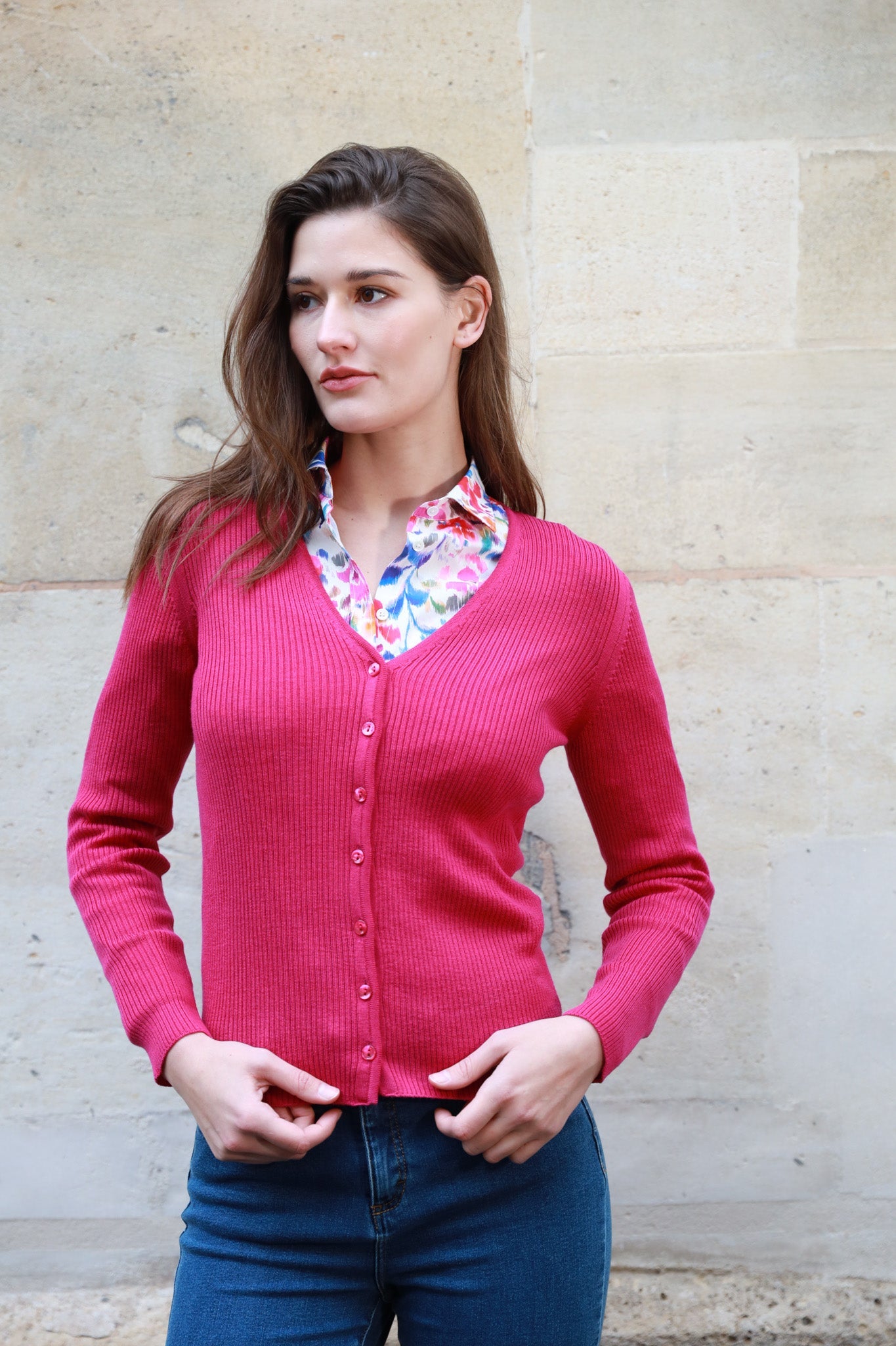 Gilet Agnès 100% laine mérinos - Rose-PULL FEMME-Curling-Paris