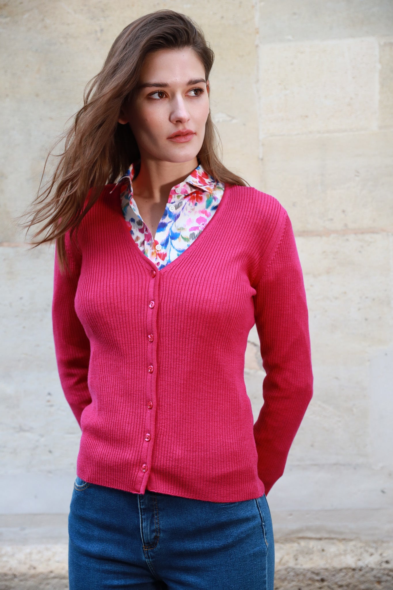 Gilet Agnès 100% laine mérinos - Rose-PULL FEMME-Curling-Paris