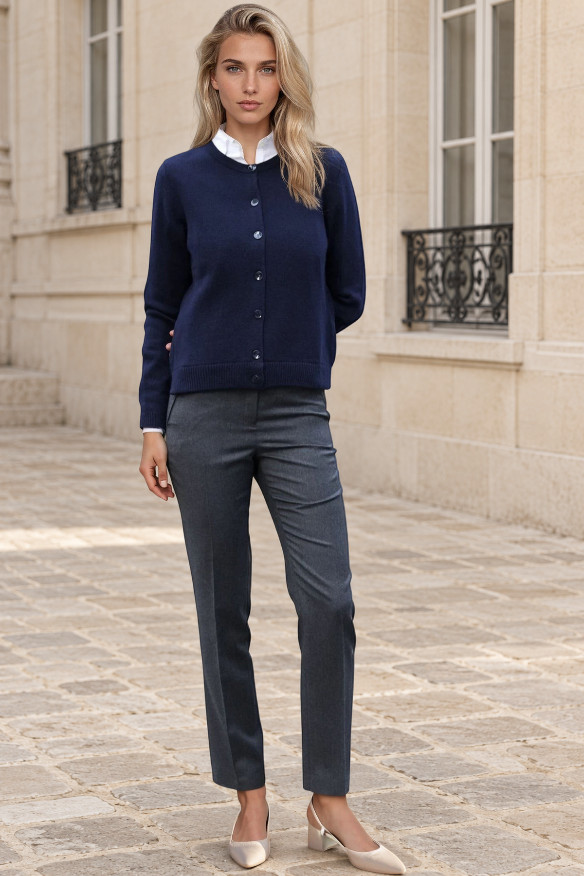 Gilet Charlie à boutons Col Rond en laine et cachemire - Marine-PULL FEMME-Curling-Paris