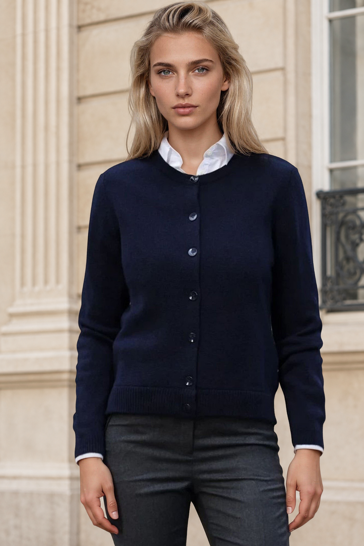 Gilet Charlie à boutons Col Rond en laine et cachemire - Marine-PULL FEMME-Curling-Paris