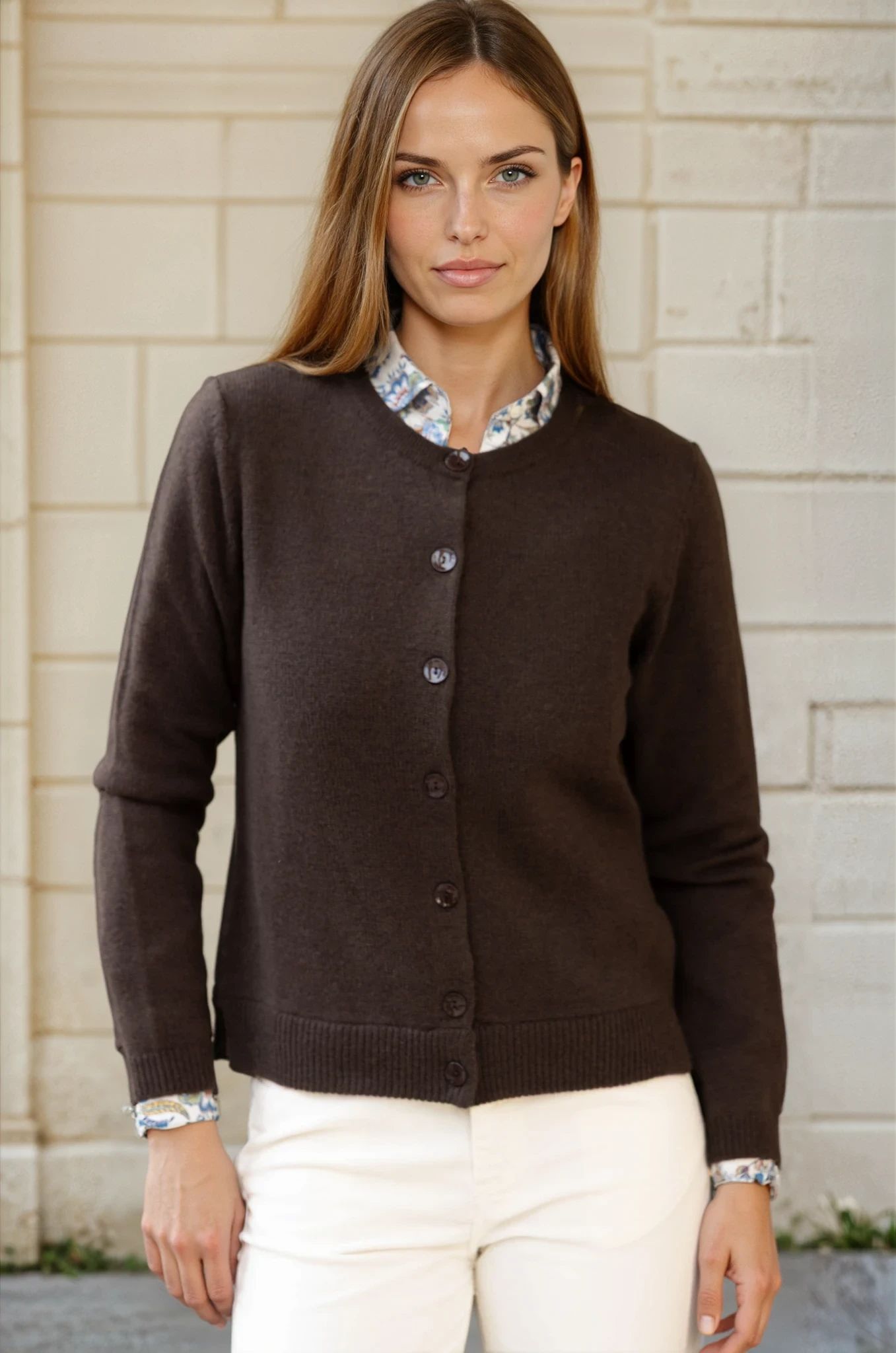 Gilet Charlie à boutons Col Rond en laine et cachemire - Marron-PULL FEMME-Curling-Paris