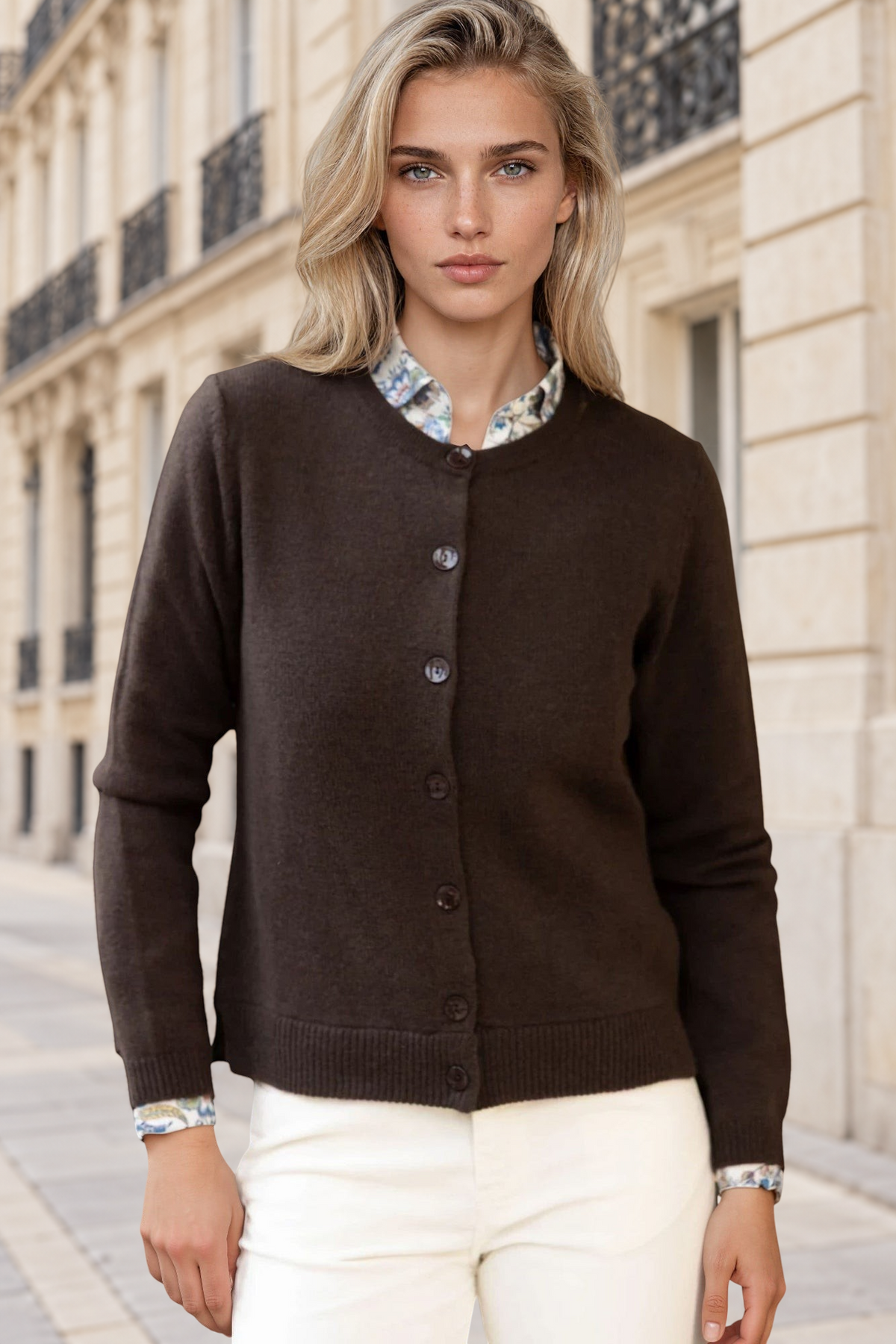 Gilet Charlie col rond en laine & cachemire - Marron