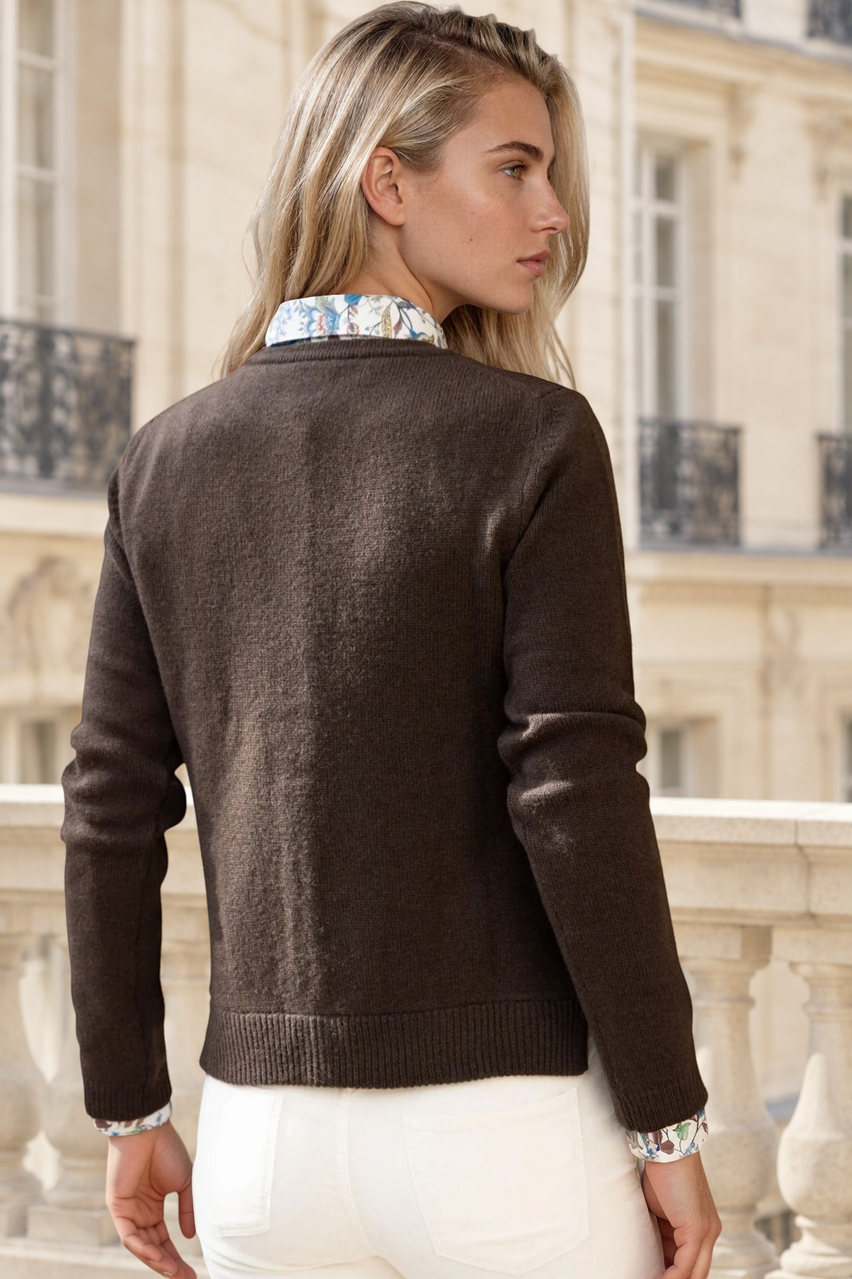 Gilet Charlie col rond en laine & cachemire - Marron