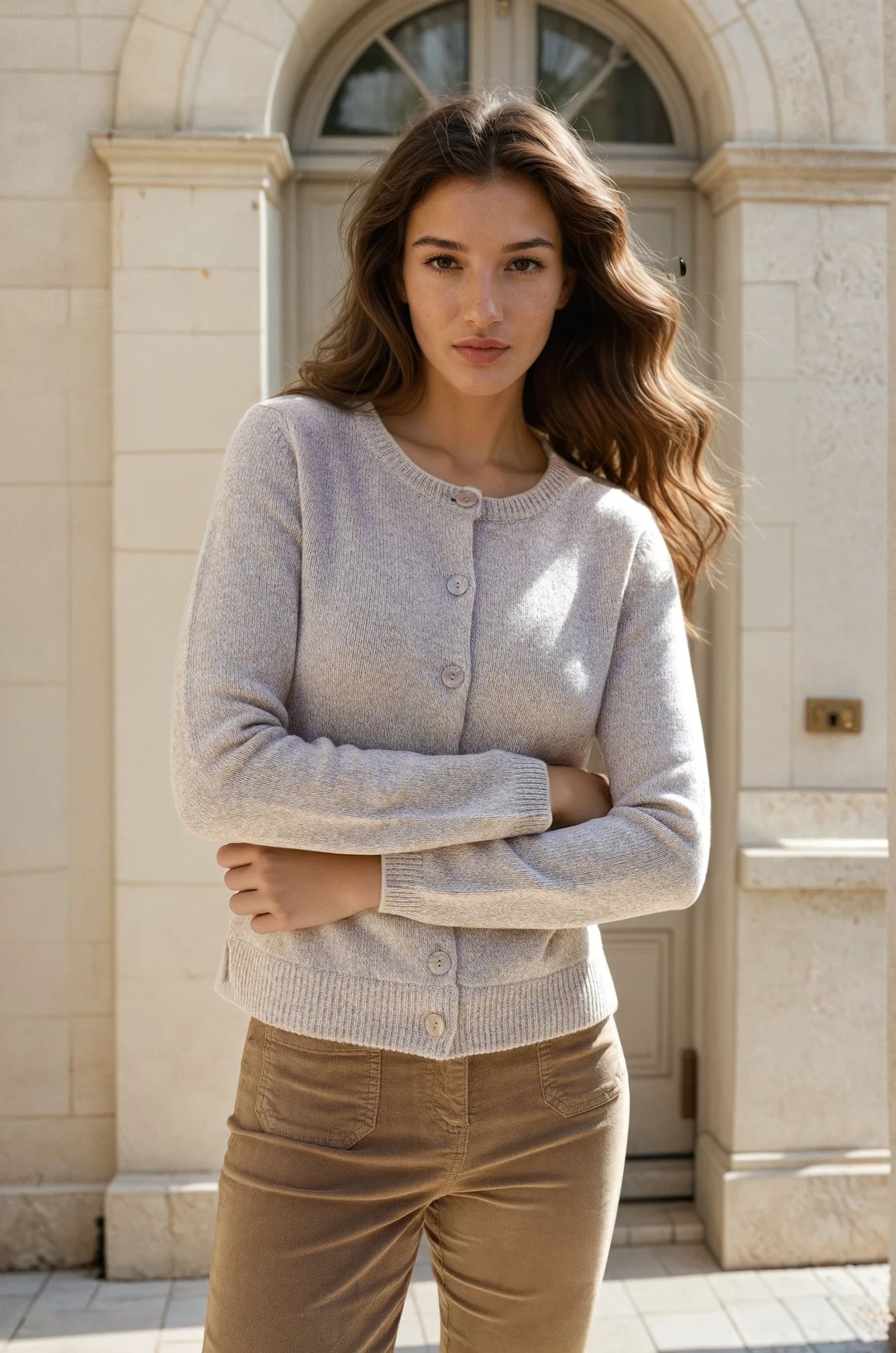 Gilet Charlie à boutons Col Rond en laine et cachemire - Pierre mouliné-PULL FEMME-Curling-Paris