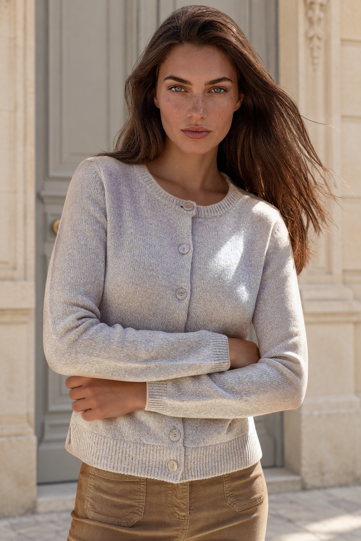 Gilet Charlie à boutons Col Rond en laine et cachemire - Pierre mouliné-PULL FEMME-Curling-Paris