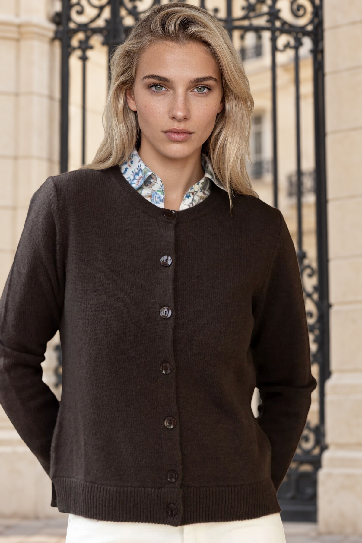 Gilet Charlie col rond en laine & cachemire - Marron-PULL FEMME-Curling-Paris