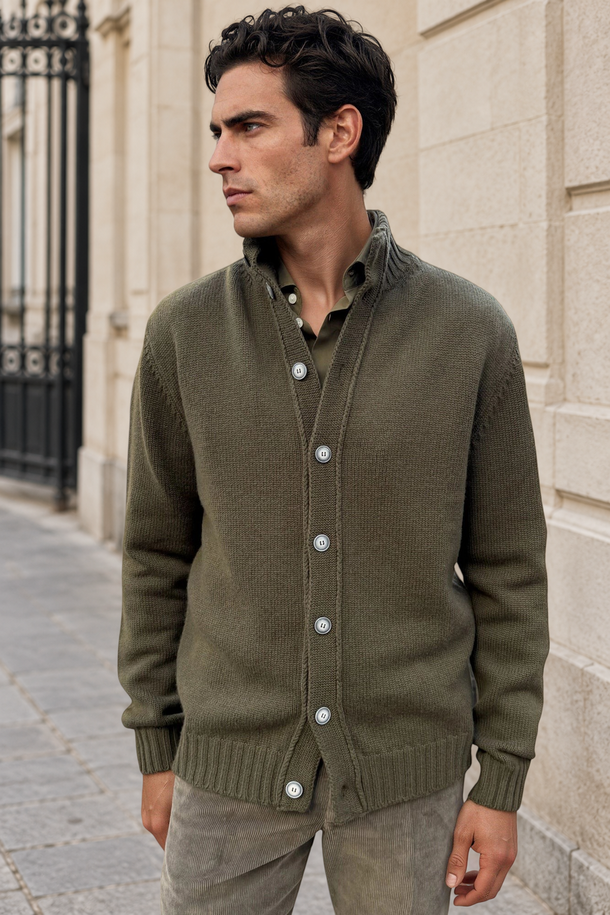 Gilet Lucas en grosse maille laine & cachemire – Kaki-PULL HOMME-Curling-Paris