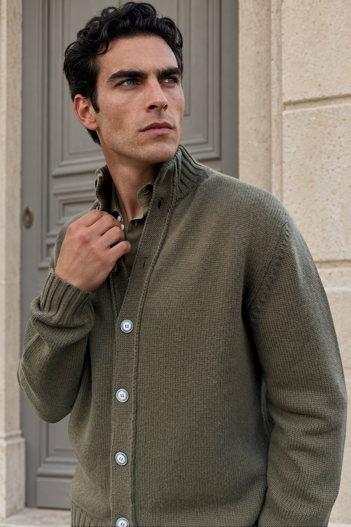 Gilet Lucas en grosse maille laine & cachemire – Kaki-PULL HOMME-Curling-Paris