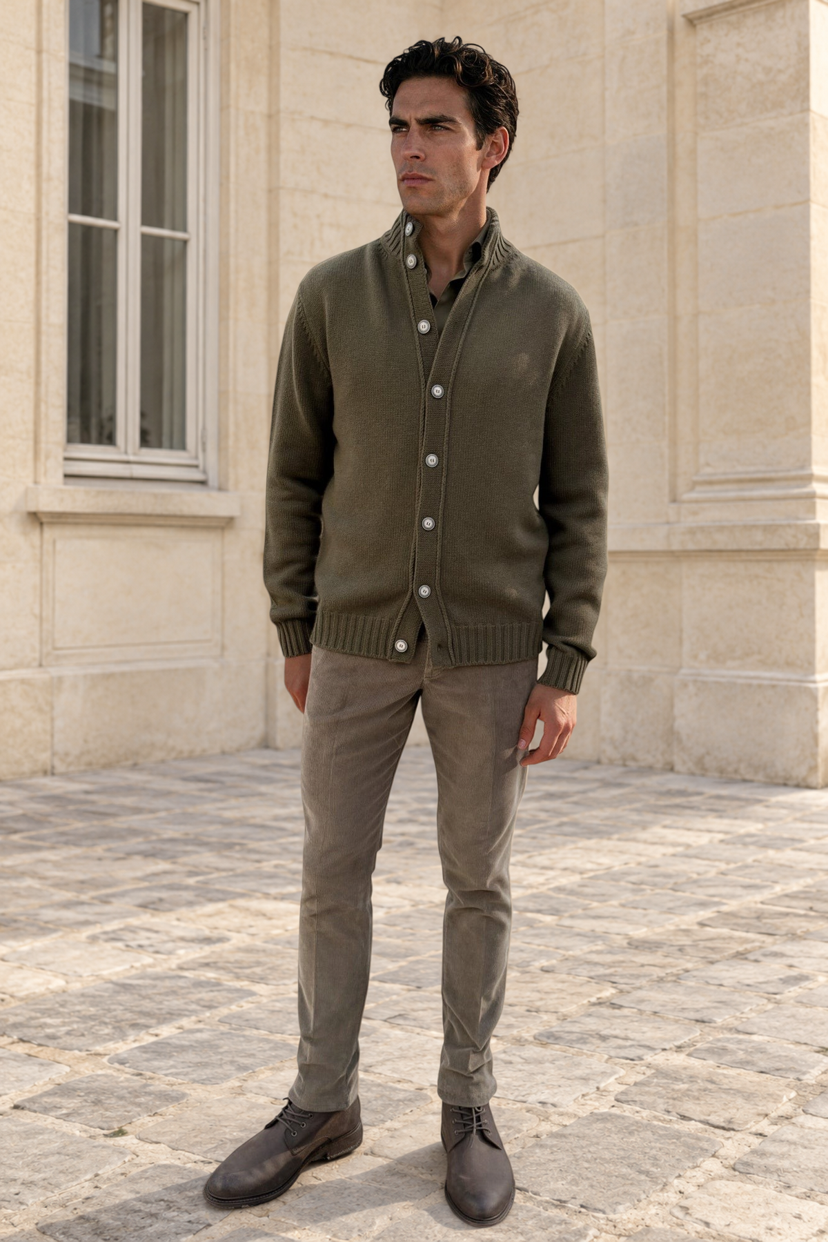 Gilet Lucas en grosse maille laine & cachemire – Kaki-PULL HOMME-Curling-Paris