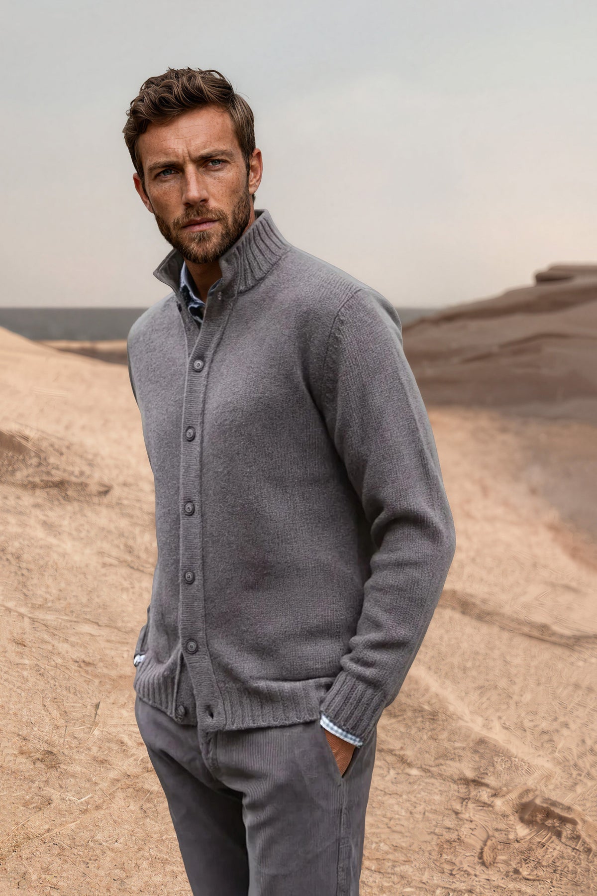 Gilet Lucas en grosse maille laine & cachemire – Taupe-PULL HOMME-Curling-Paris