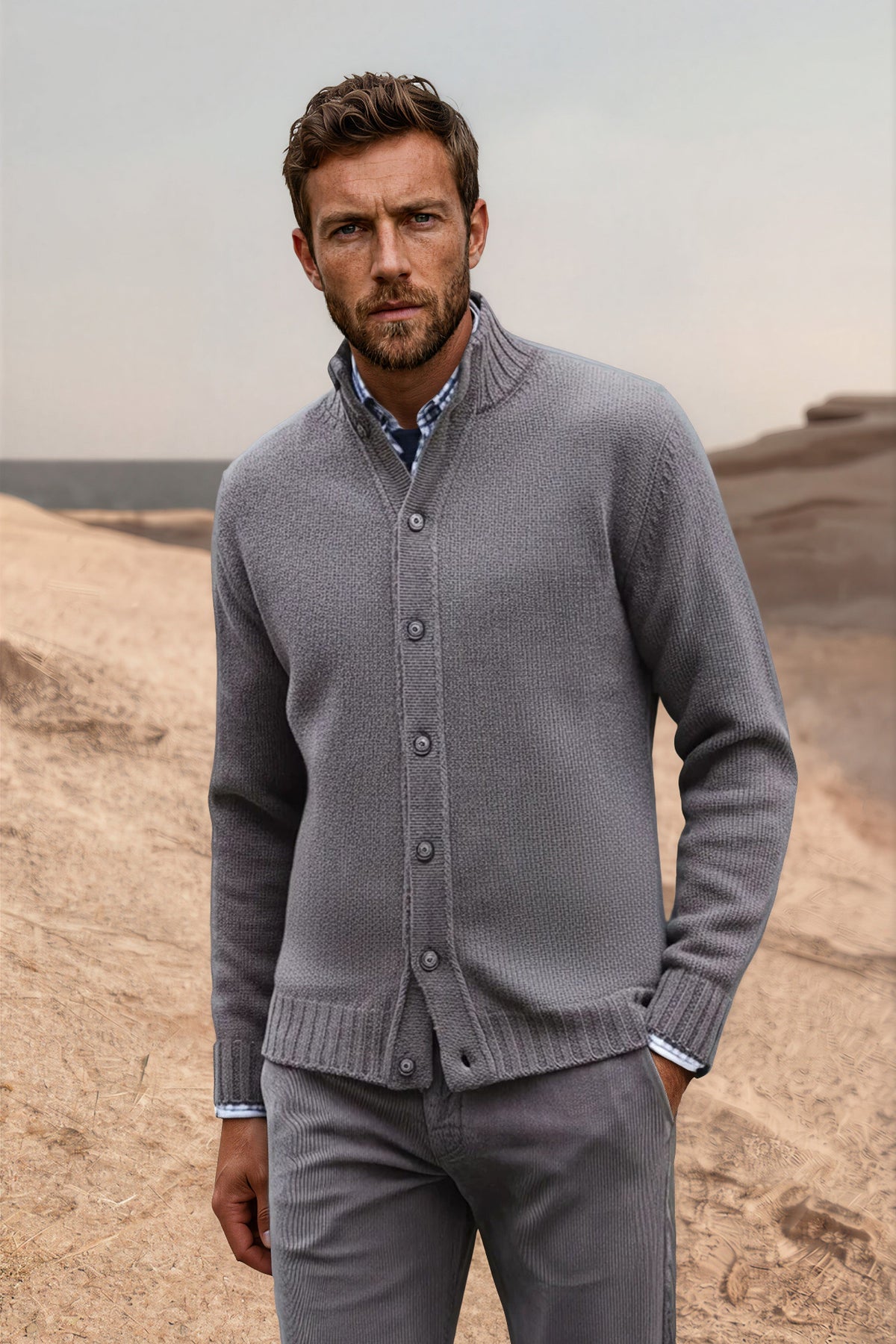 Gilet Lucas en grosse maille laine & cachemire – Taupe-PULL HOMME-Curling-Paris