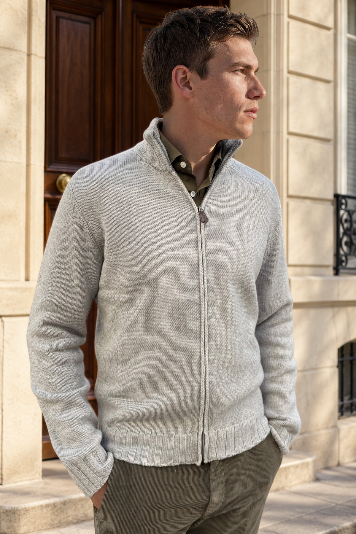 Gilet Renato zippé en laine & cachemire – Gris clair-PULL HOMME-Curling-Paris