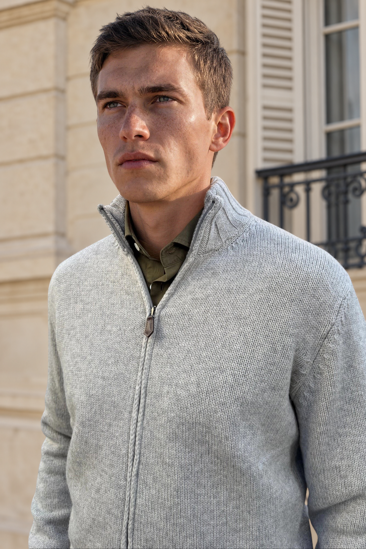 Gilet Renato zippé en laine & cachemire – Gris clair-PULL HOMME-Curling-Paris