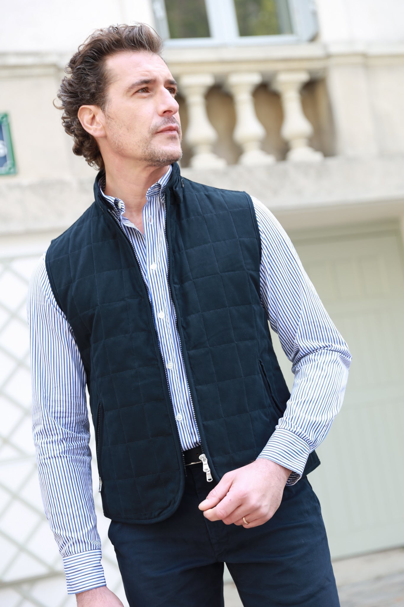 Gilet zippé sans manches Gilles en nubuck - Marine-MANTEAU HOMME-Curling-Paris