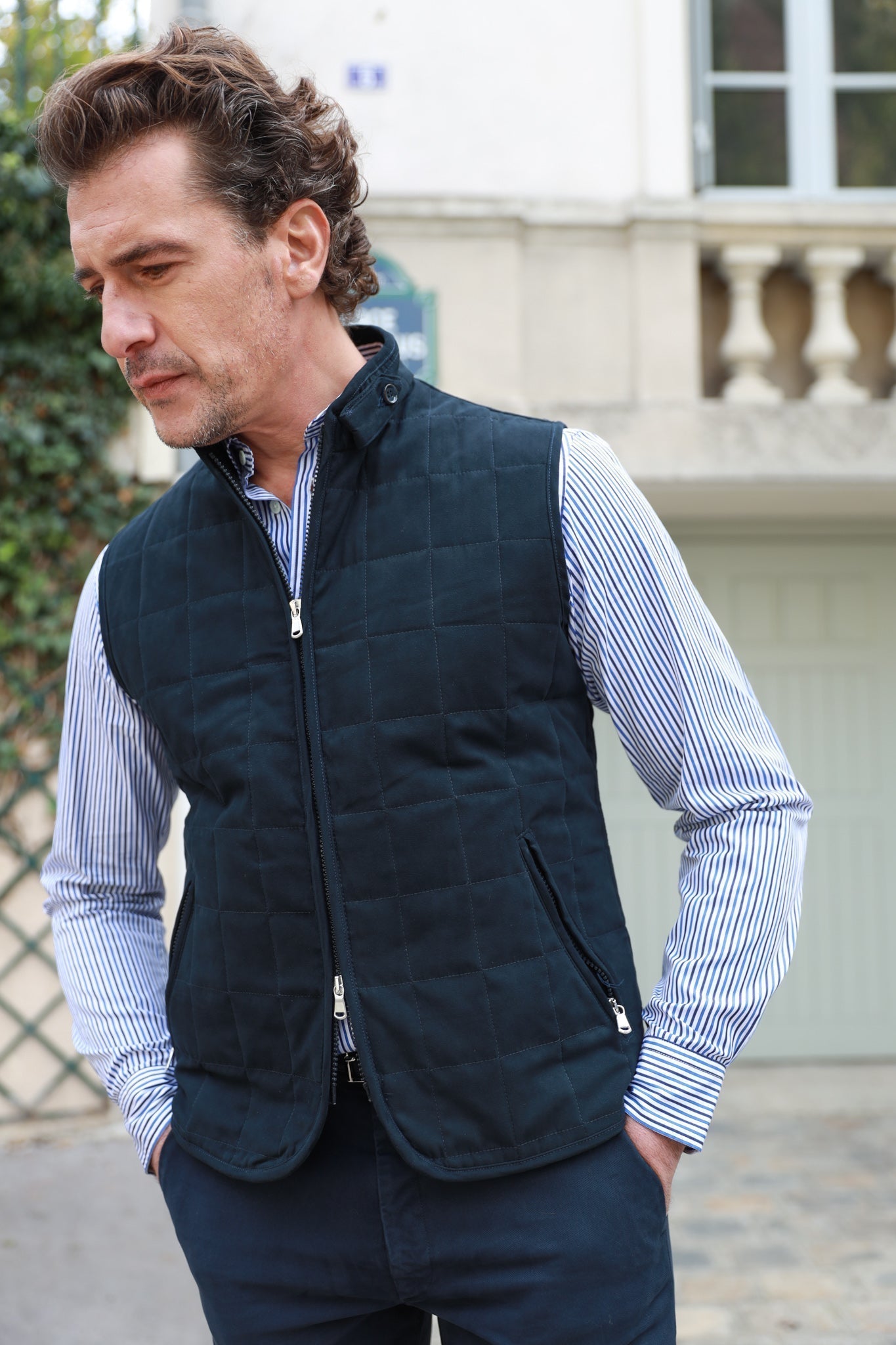 Gilet zippé sans manches Gilles en nubuck - Marine-MANTEAU HOMME-Curling-Paris