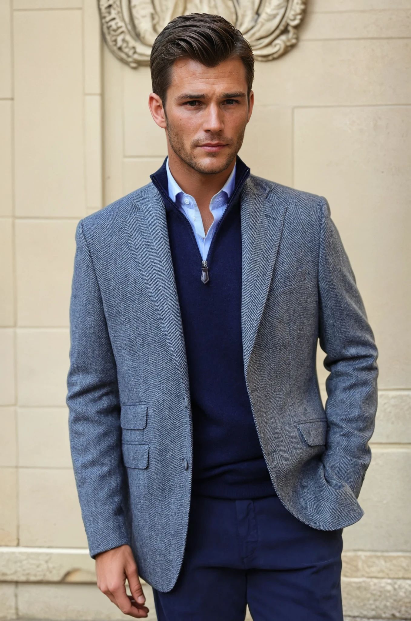 Veste Goal en laine mérinos - Chevron bleu gris