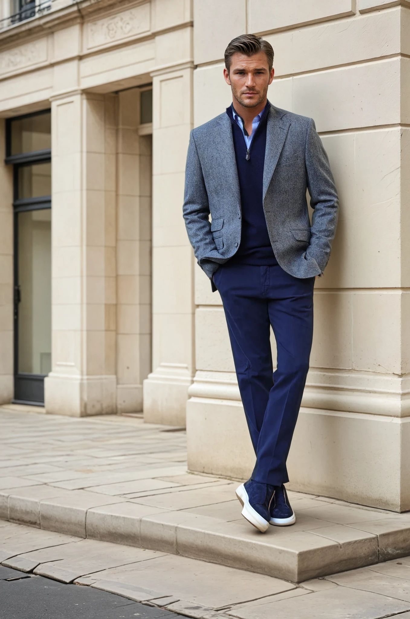 Veste Goal en laine mérinos - Chevron bleu gris