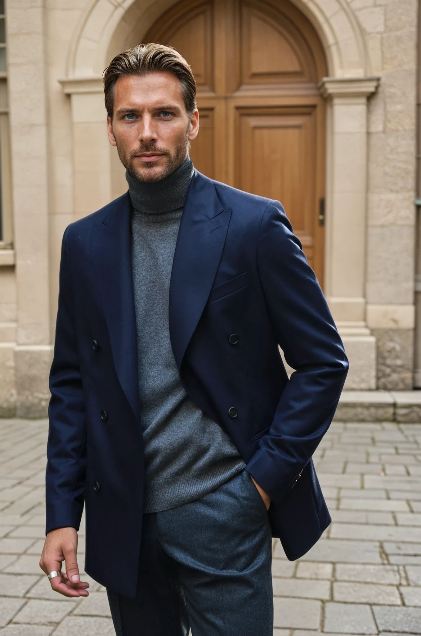 Leonard double-breasted jacket in Super 120'S flannel - Navy