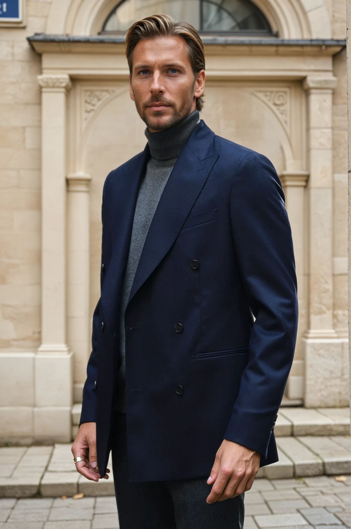 Leonard double-breasted jacket in Super 120'S flannel - Navy