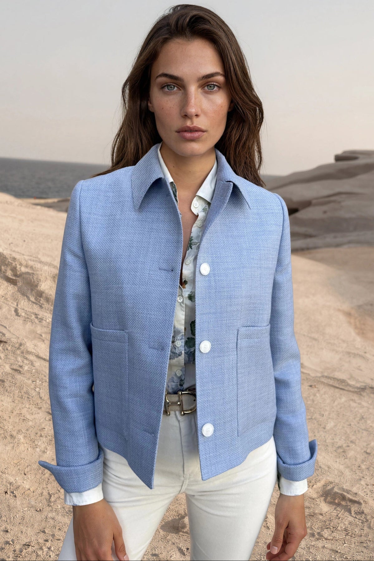 Veste Ysee en laine vierge nattée - Ciel