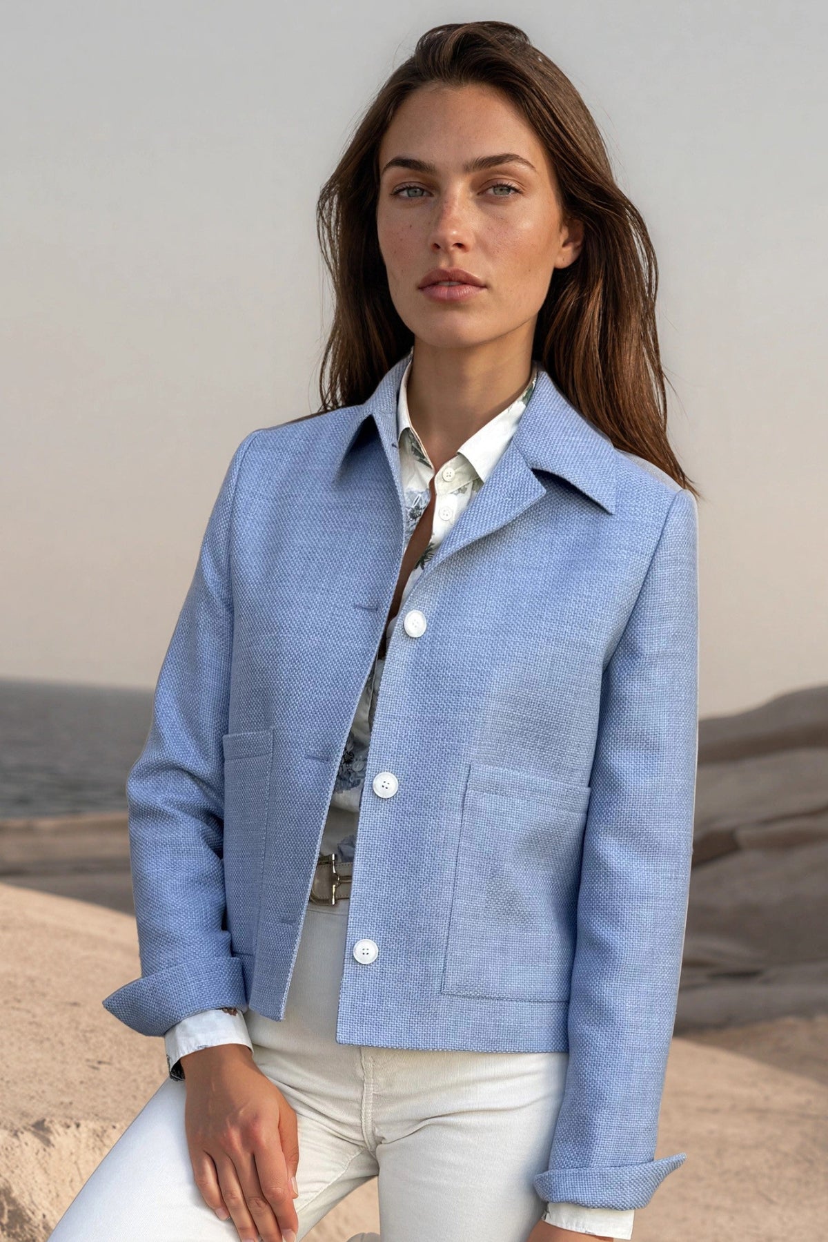Veste Ysee en laine vierge nattée - Ciel