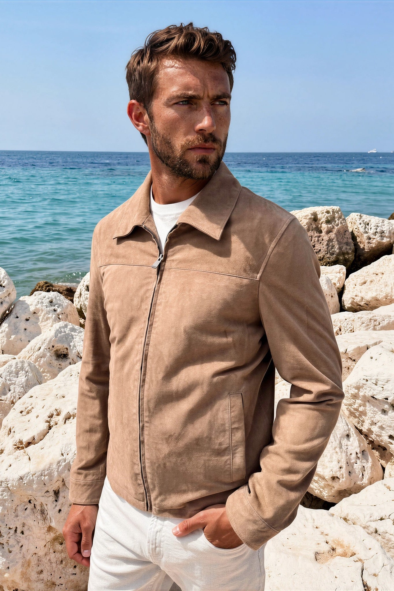 Blouson Victor en chèvre velours - Taupe