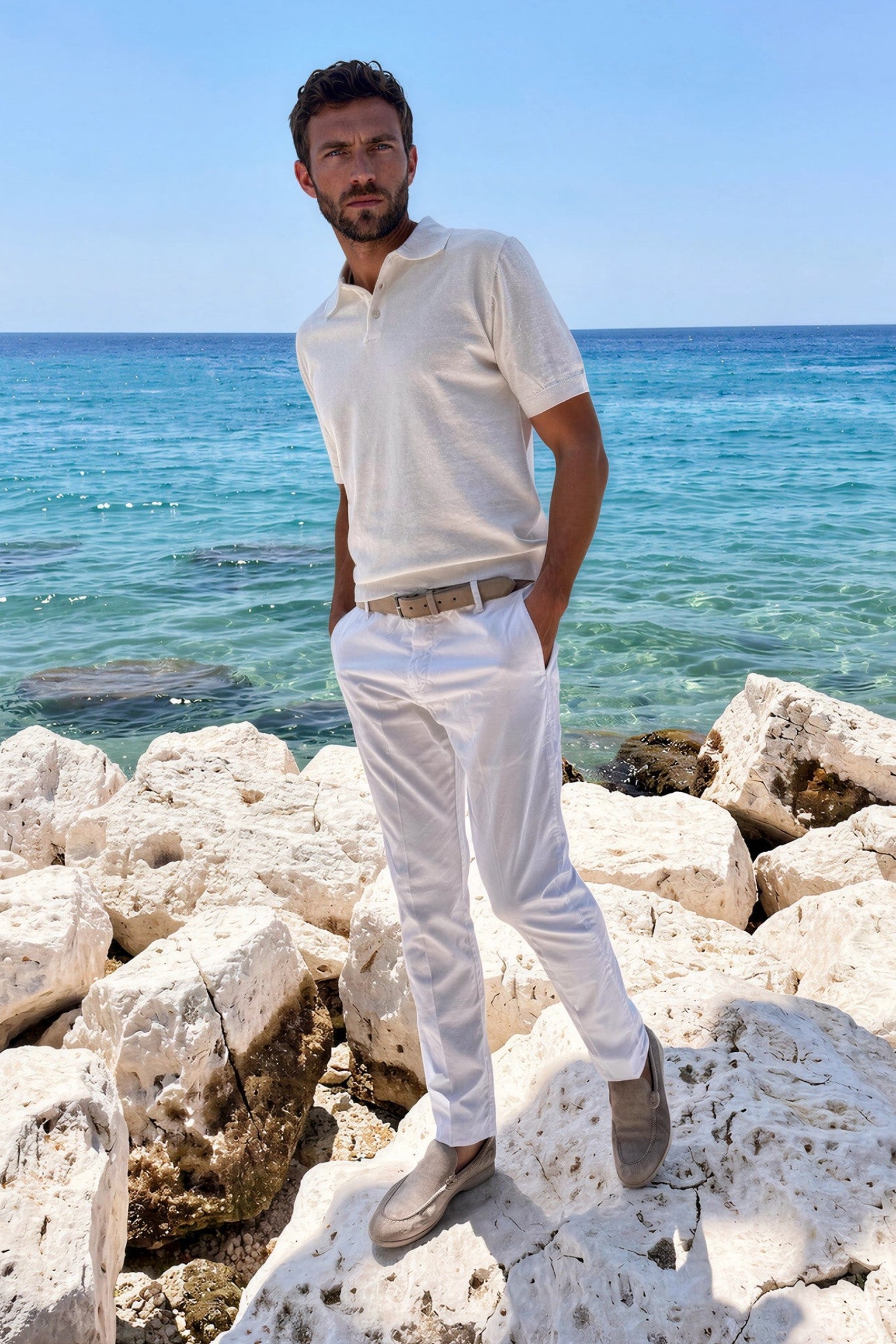 Pantalones de verano de popelina de algodón elástico Seanfit - Blanco