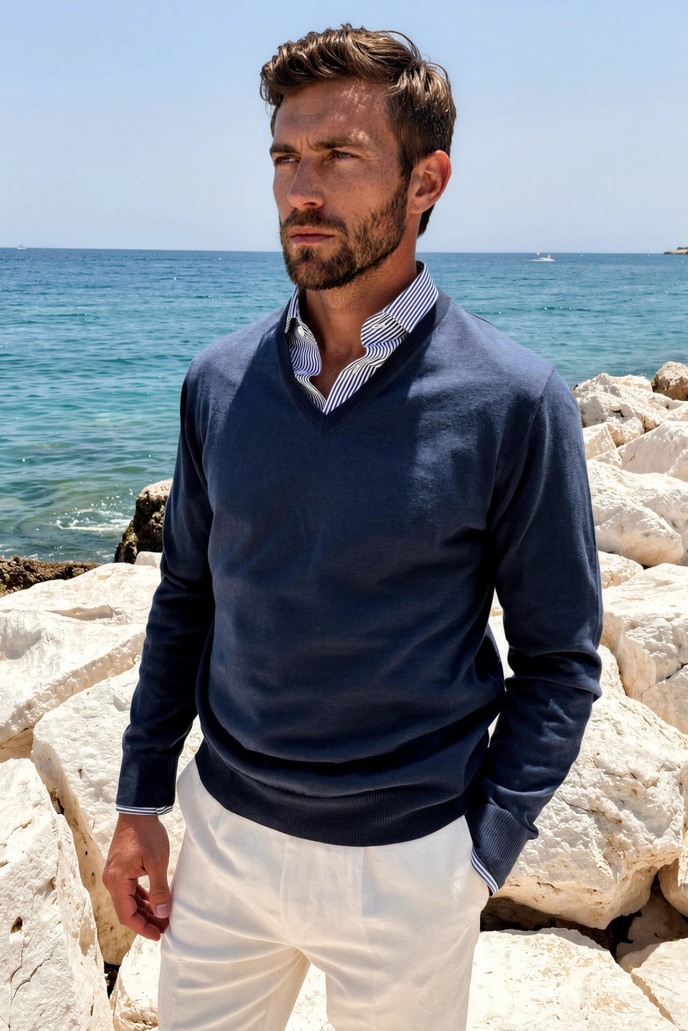 Pull Nico col v en coton - Marine