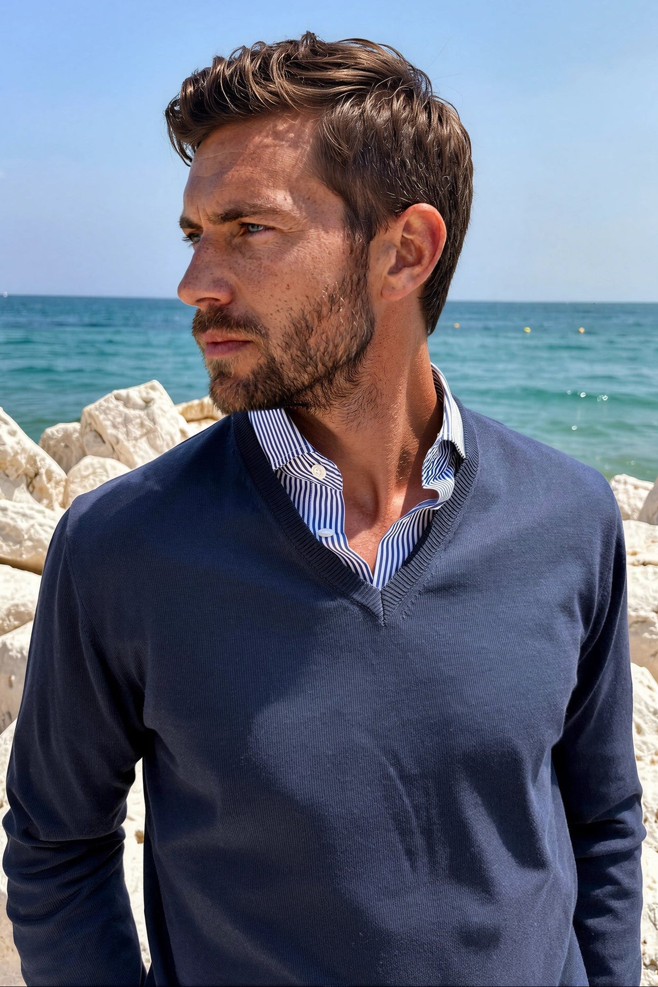 Pull Nico col v en coton - Marine
