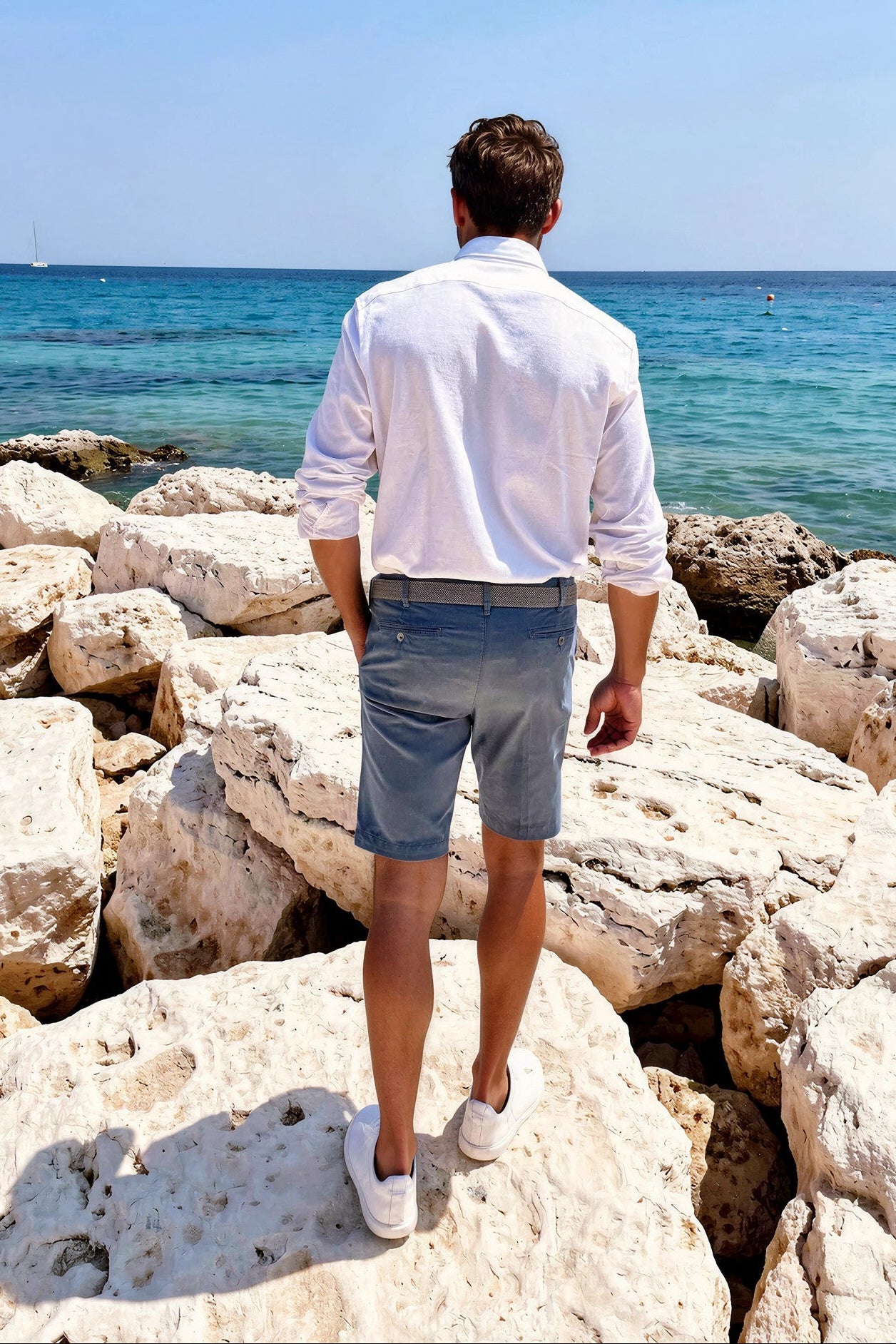 Bermudas Benji de popelina de algodón elástico - Azul acero