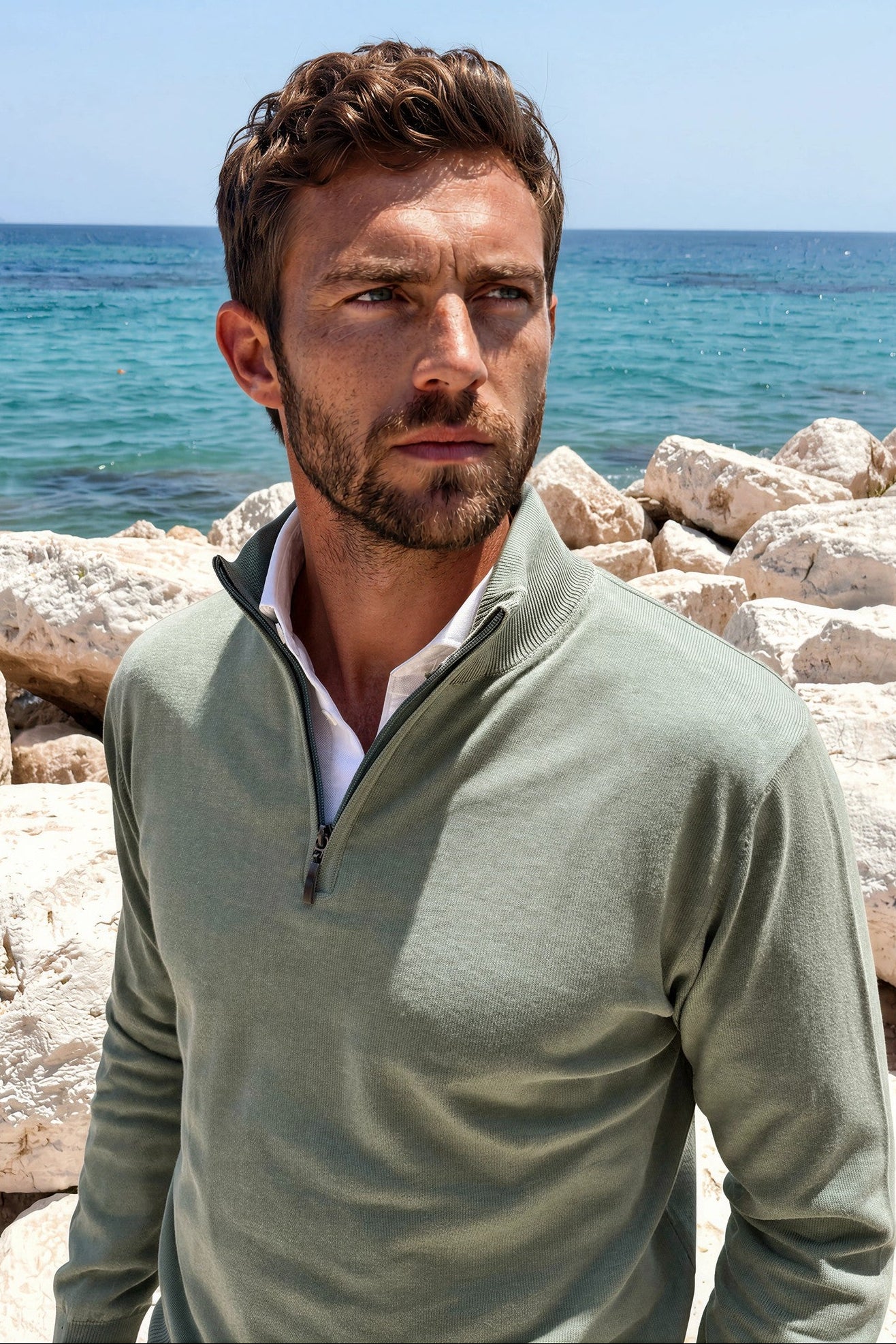 Pull John col zippé en coton - Sauge