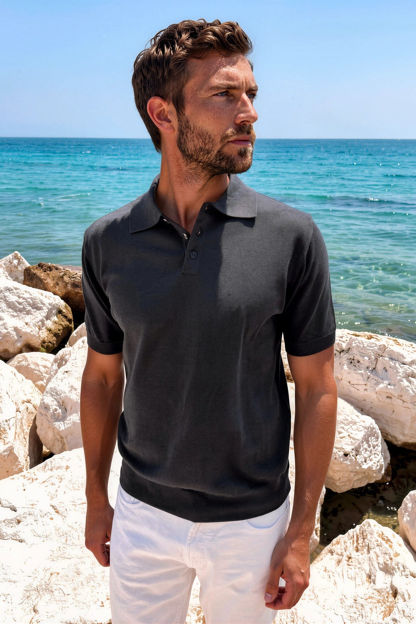 Cotton Knit Polo Shirt - Black