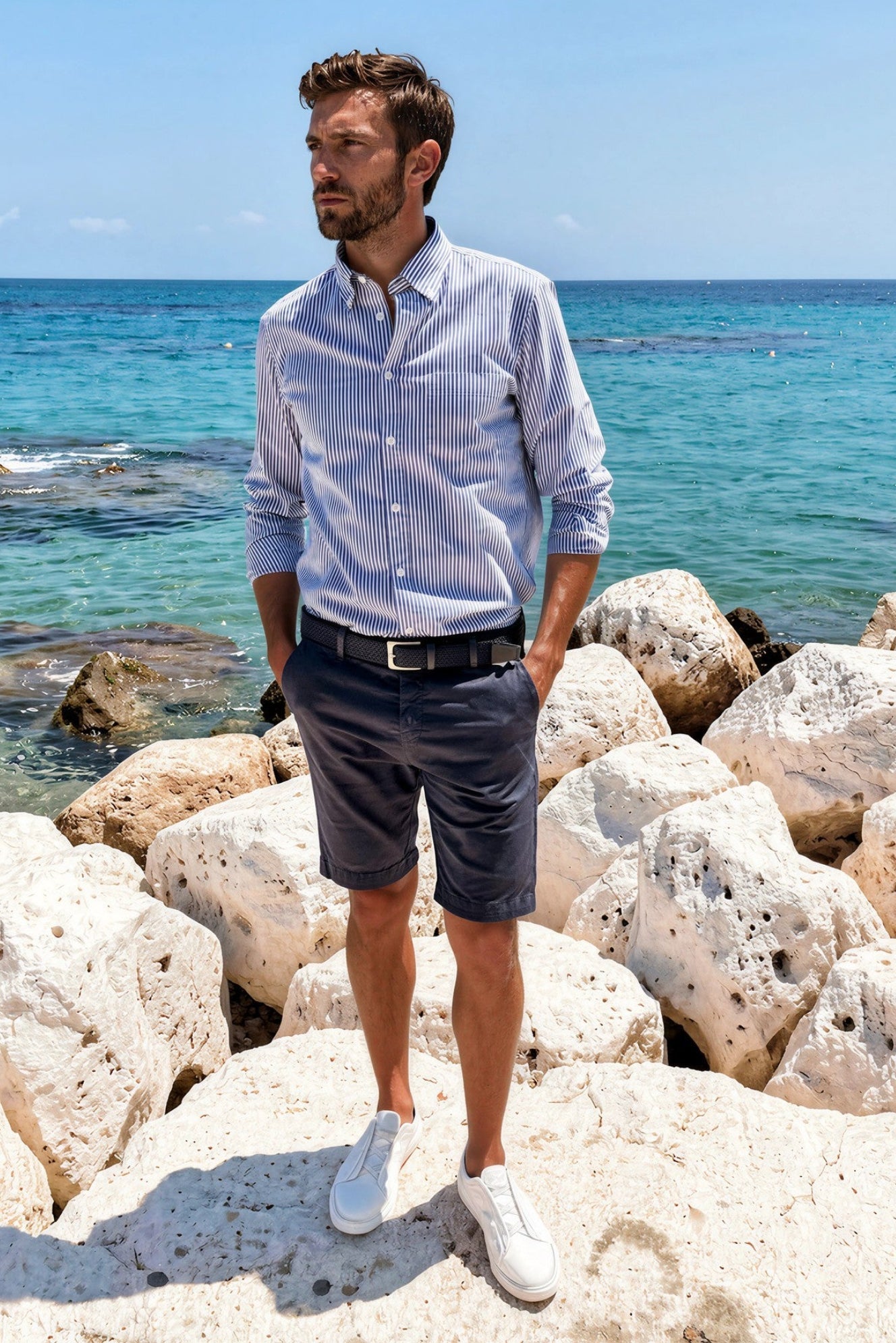 Bermudas Benji de popelina de algodón elástico - Azul marino