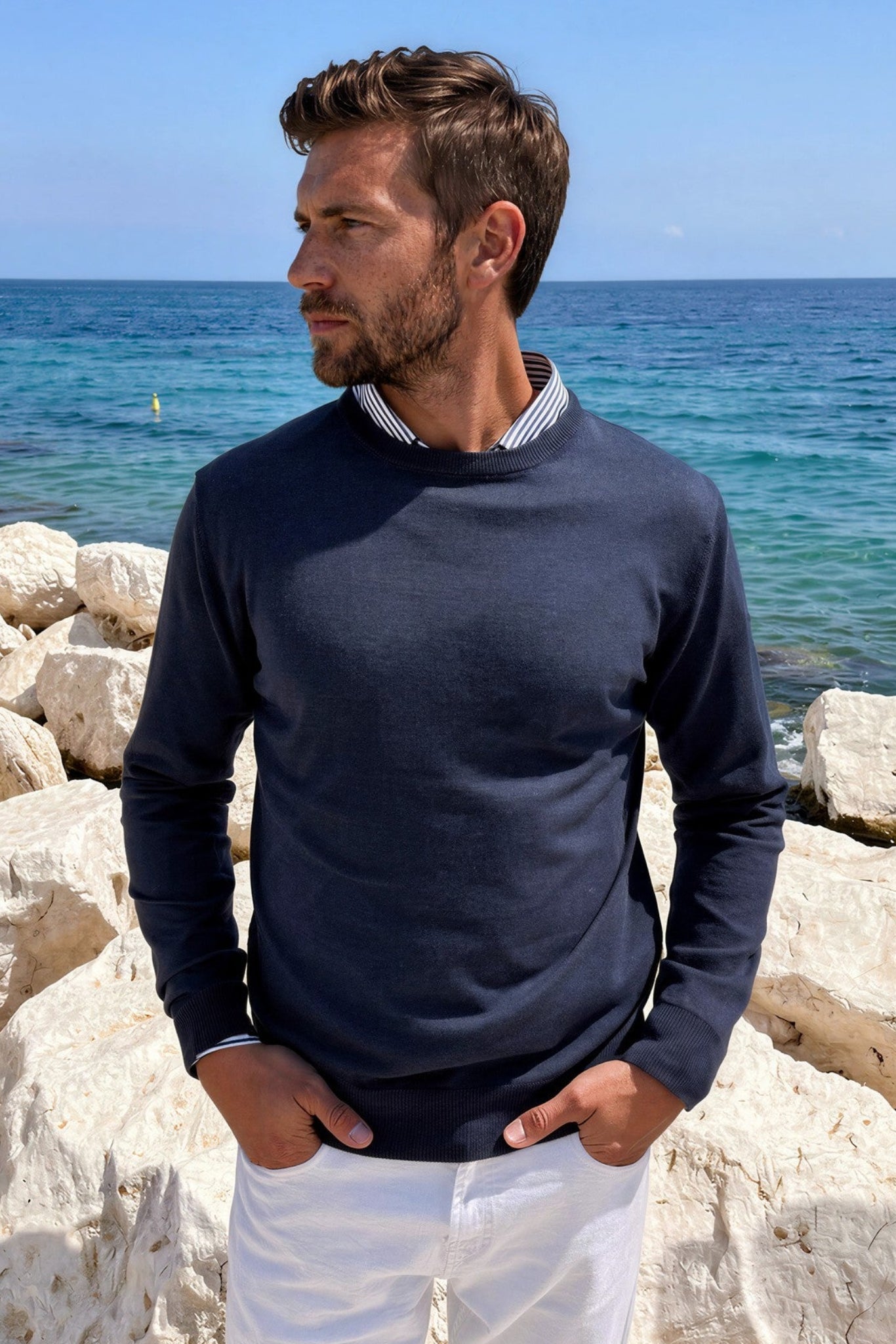 Gege Round Neck Cotton Jumper - Navy