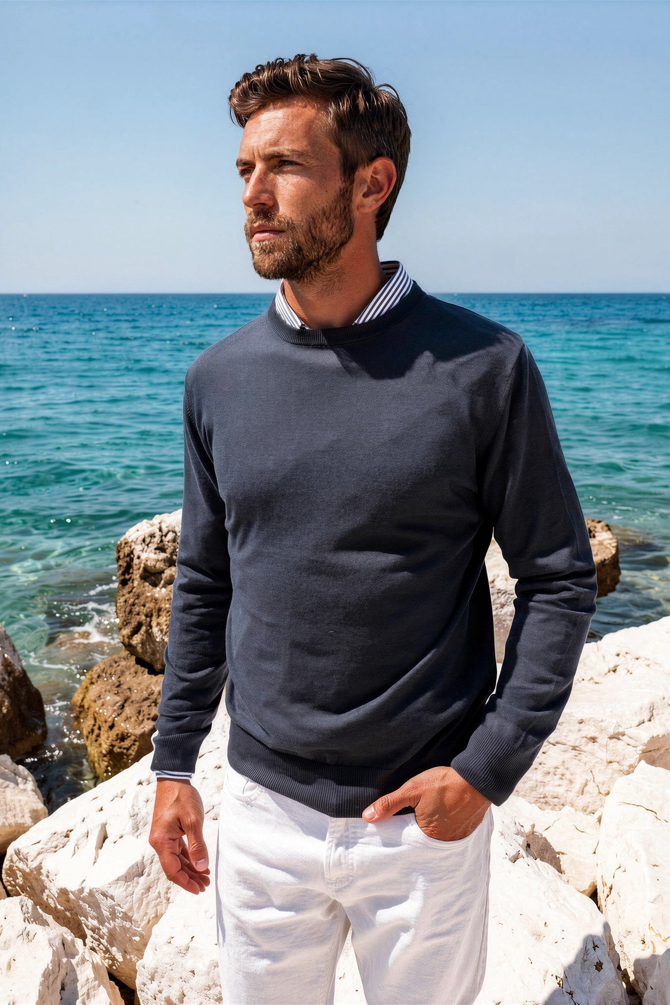 Gege Round Neck Cotton Jumper - Navy