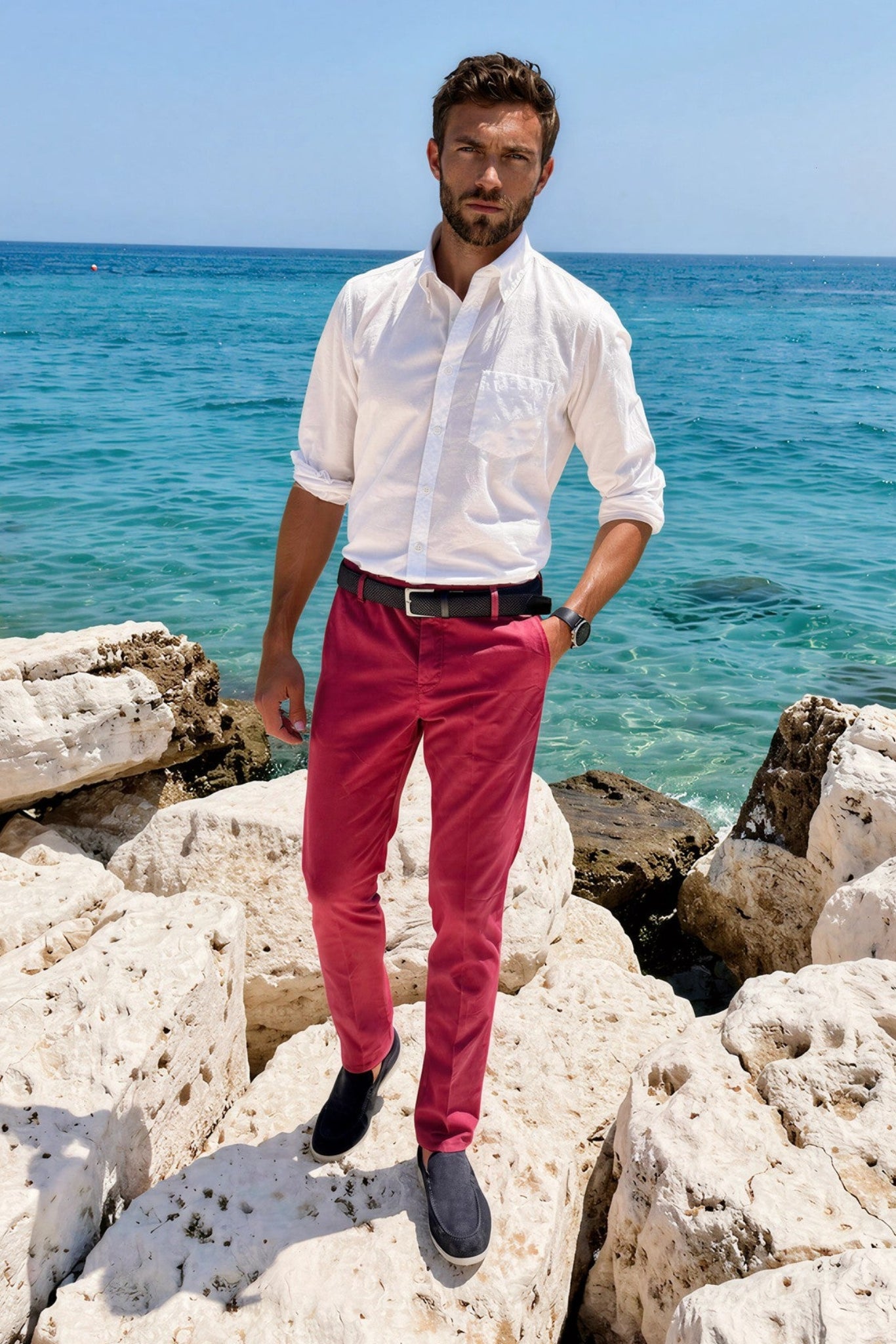 Pantalón de verano Seanfit de popelina de algodón elástico - Grosella