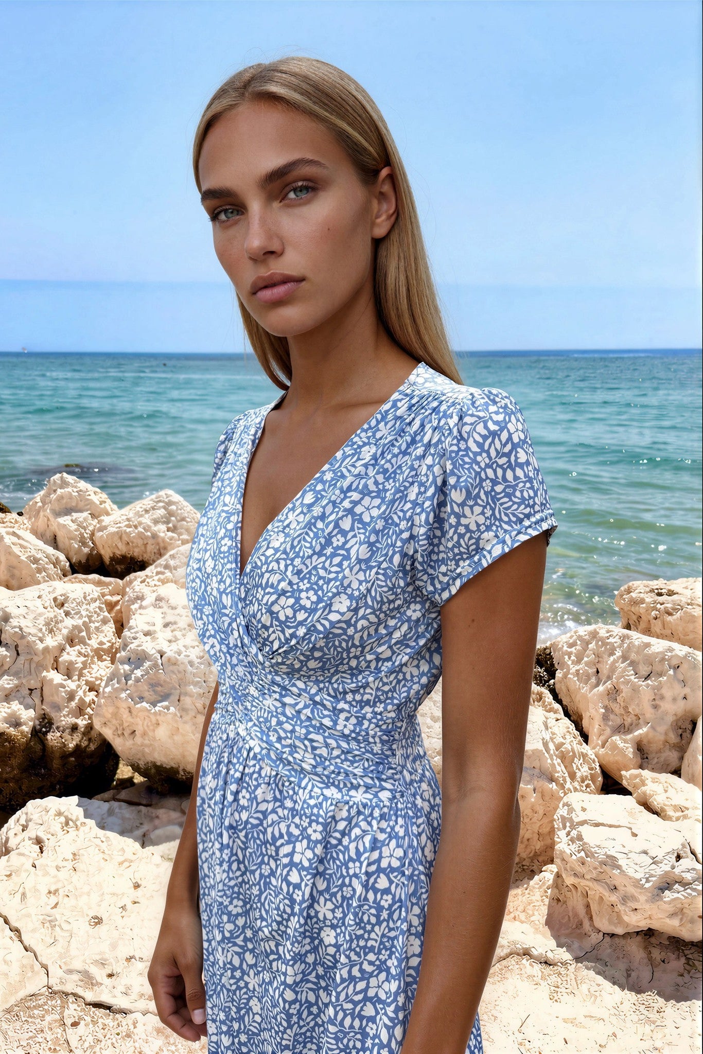 Robe Vogue infroissable - Fleurs Ciel