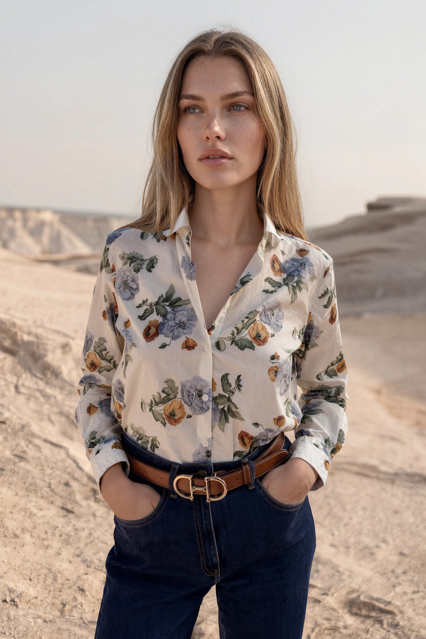 Chemisier Clémence en coton Liberty of London - Ecru, ciel et ocre