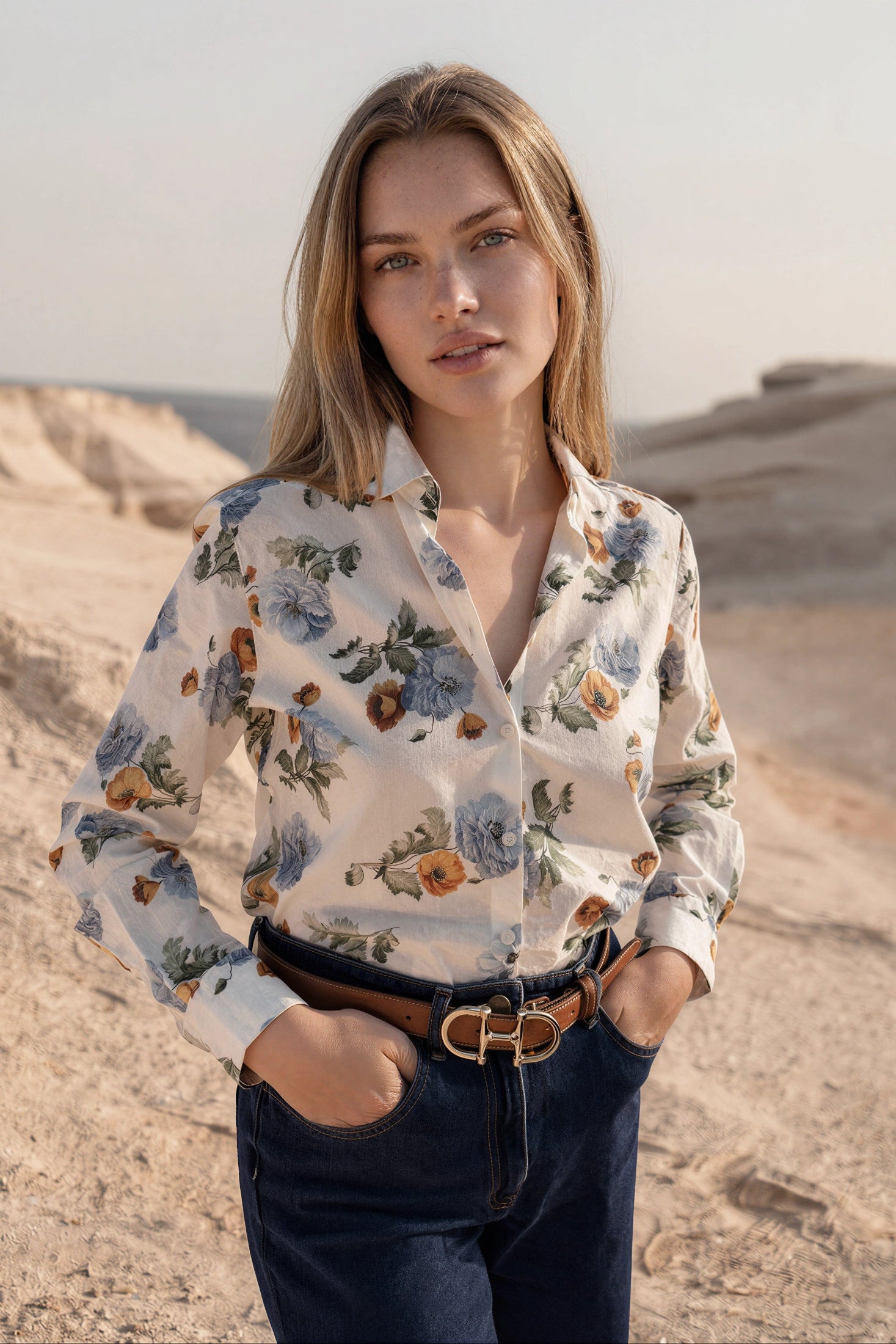 Chemisier Clémence en coton Liberty of London - Ecru, ciel et ocre