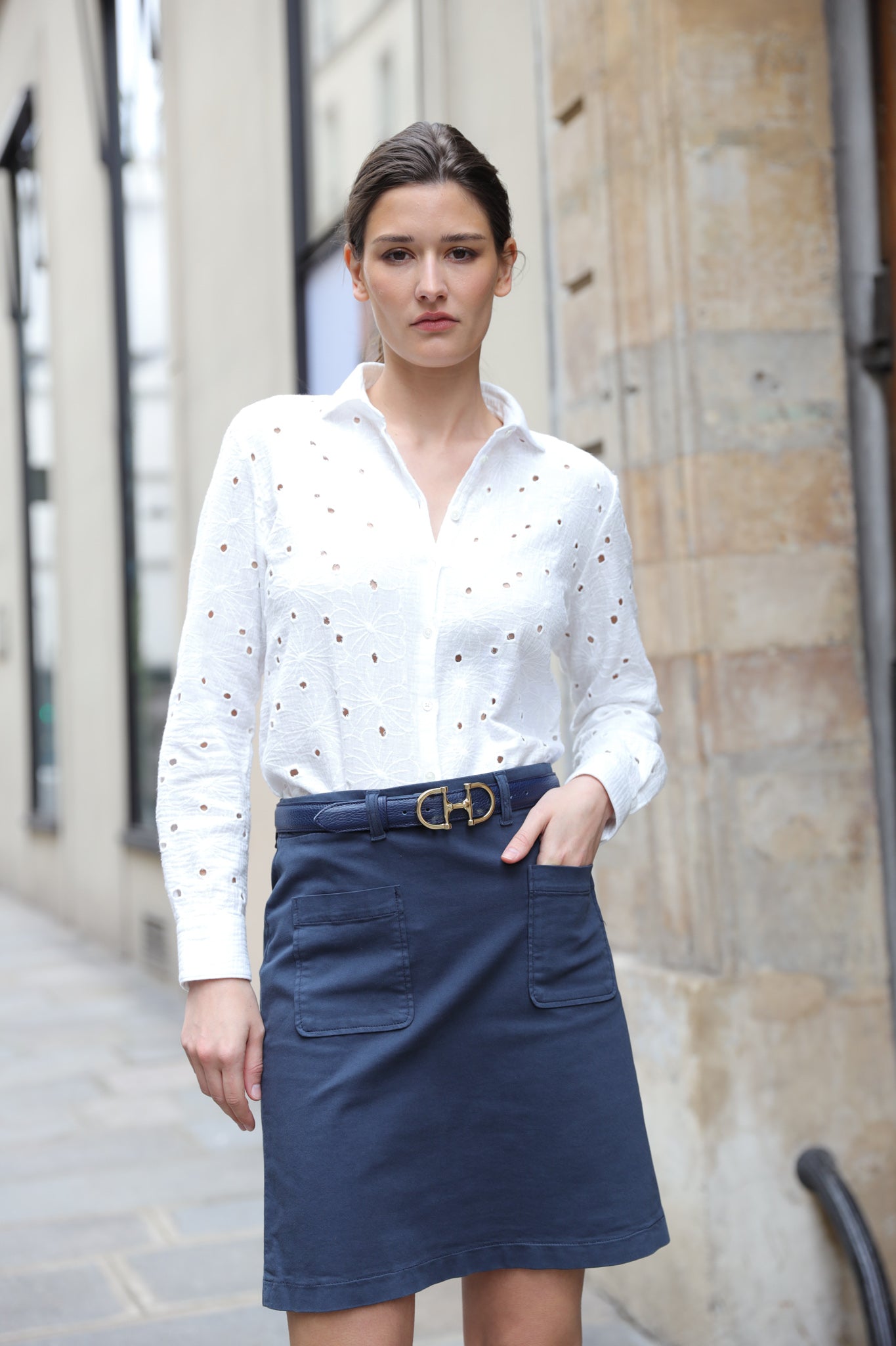 Jupe Olivia en coton stretch - Marine-JUPE FEMME-Curling-Paris