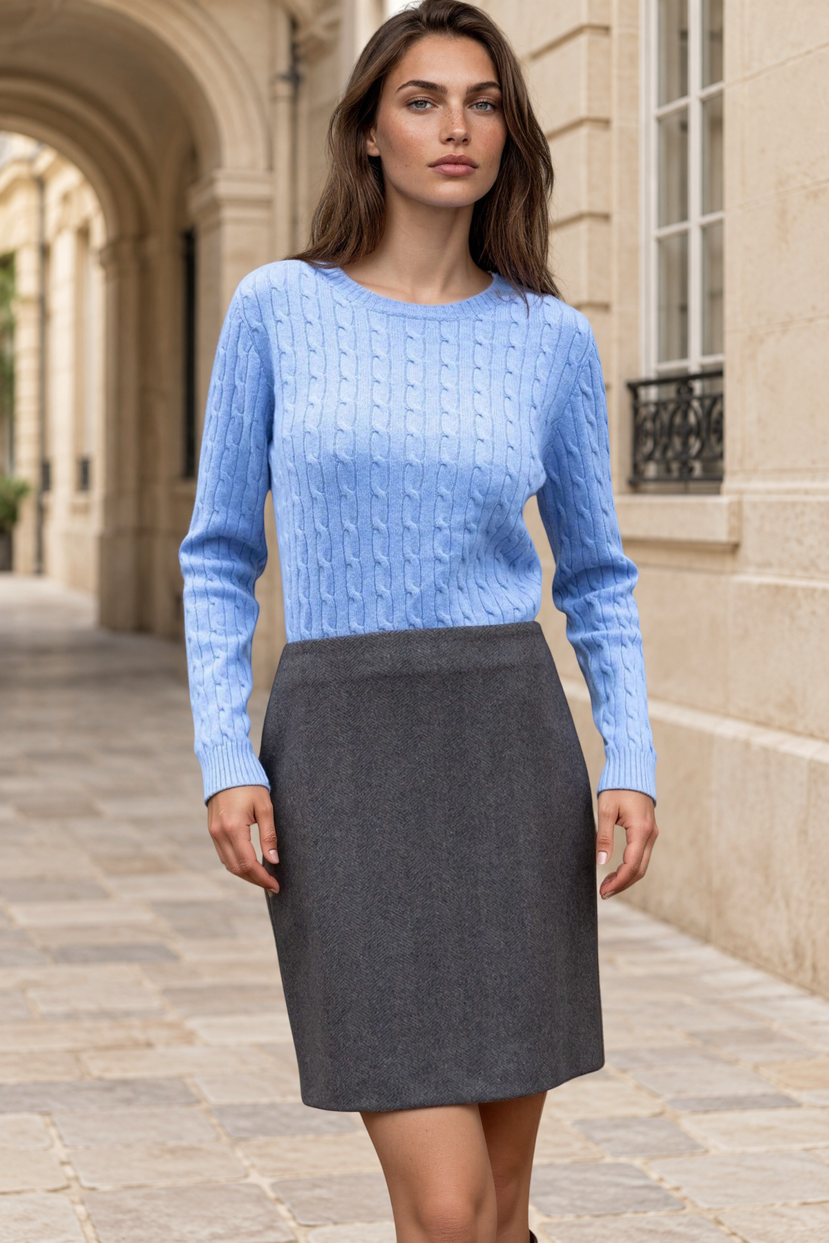 Jupe Trapez en laine et cachemire - Chevron marron-JUPE FEMME-Curling-Paris
