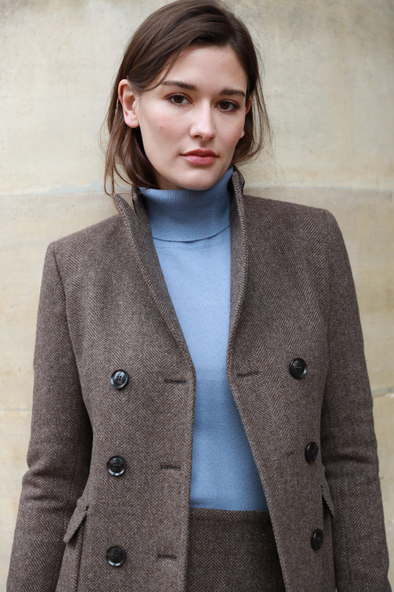 Manteau Emilie croisé en laine - Chevron Marron-MANTEAU FEMME-Curling-Paris