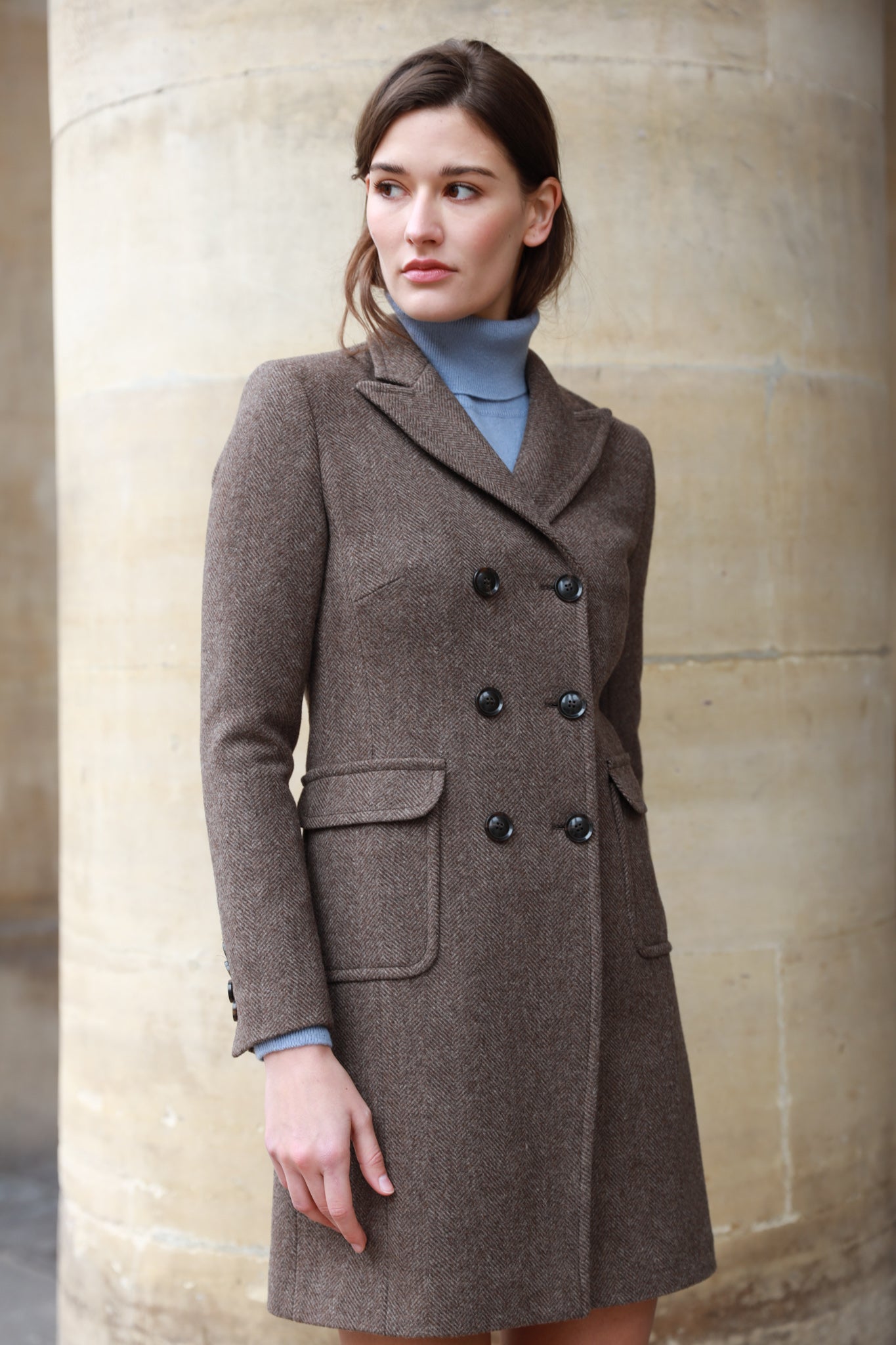 Manteau Emilie croisé en laine - Chevron Marron-MANTEAU FEMME-Curling-Paris