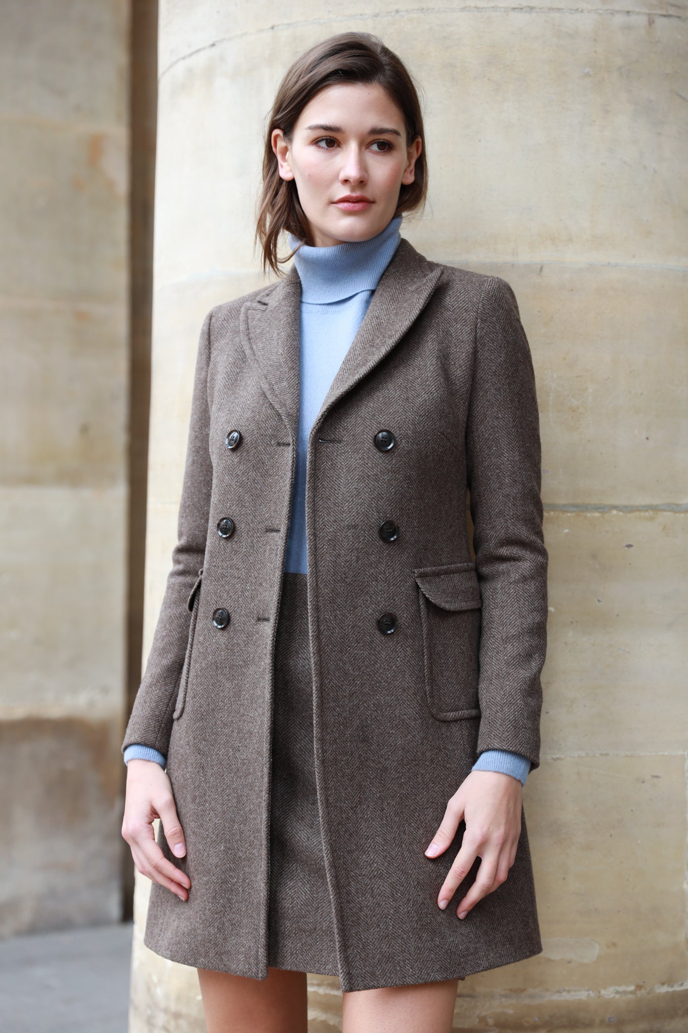 Manteau Emilie croisé en laine - Chevron Marron-MANTEAU FEMME-Curling-Paris