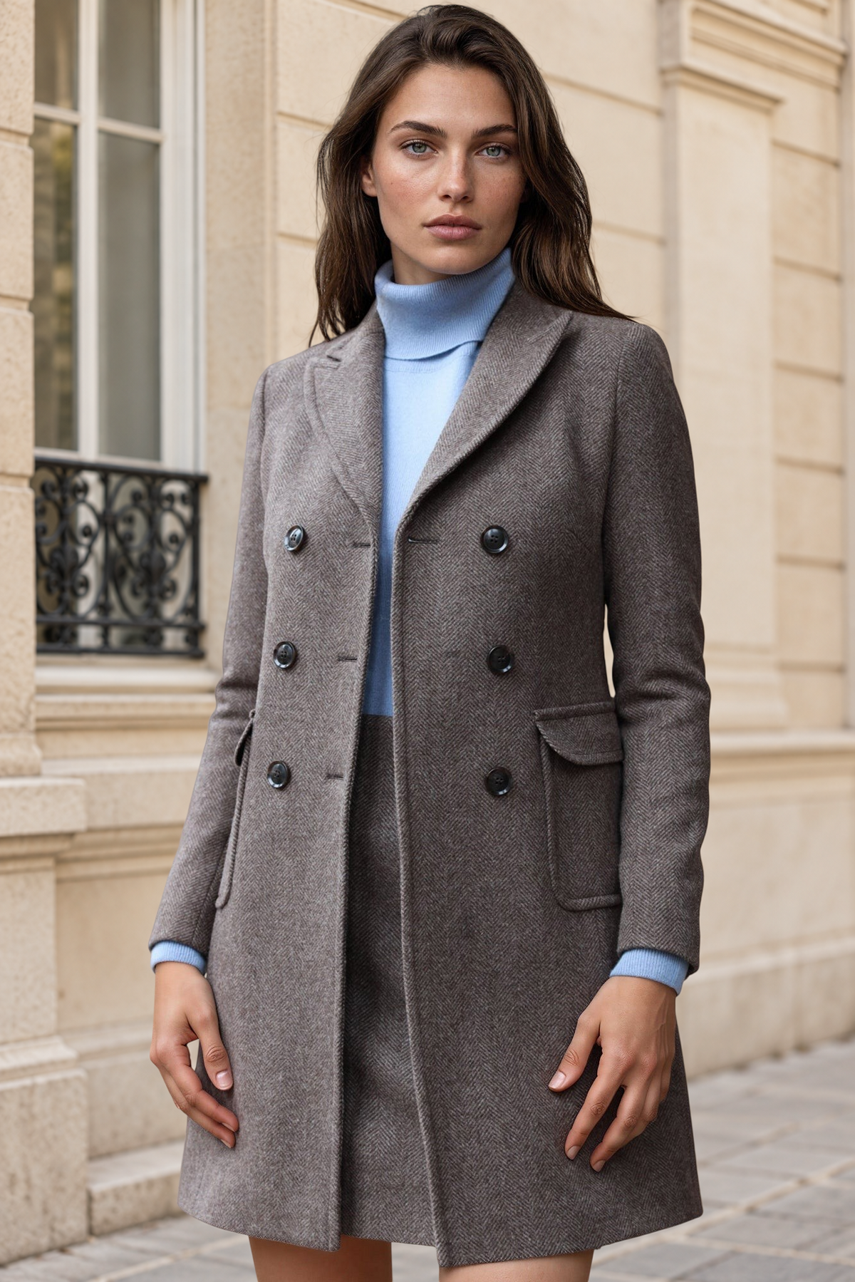 Manteau Emilie croisé en laine - Chevron Marron-MANTEAU FEMME-Curling-Paris