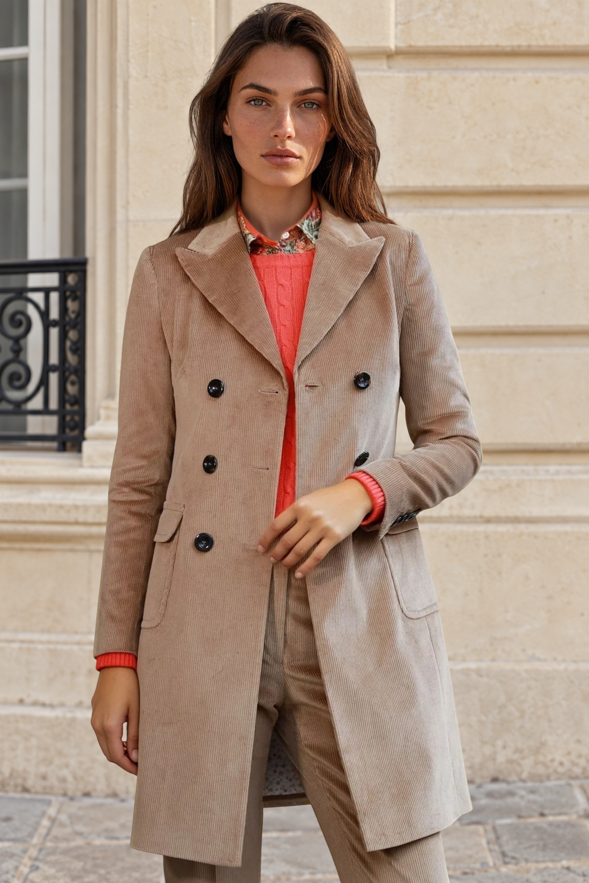 Manteau Emilie croisé en velours côtelé - Camel-MANTEAU FEMME-Curling-Paris