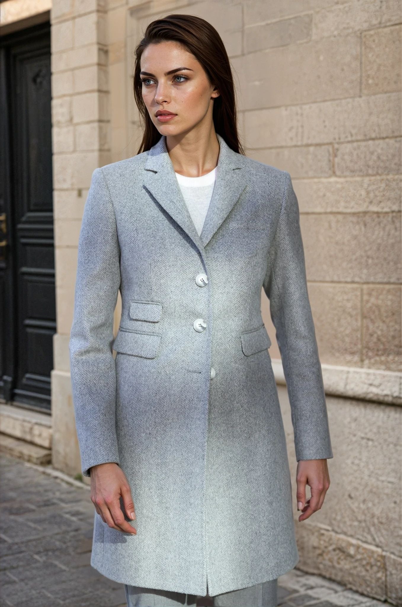 Manteau Jemma en laine et cachemire - Chevron gris clair-MANTEAU-Curling-Paris