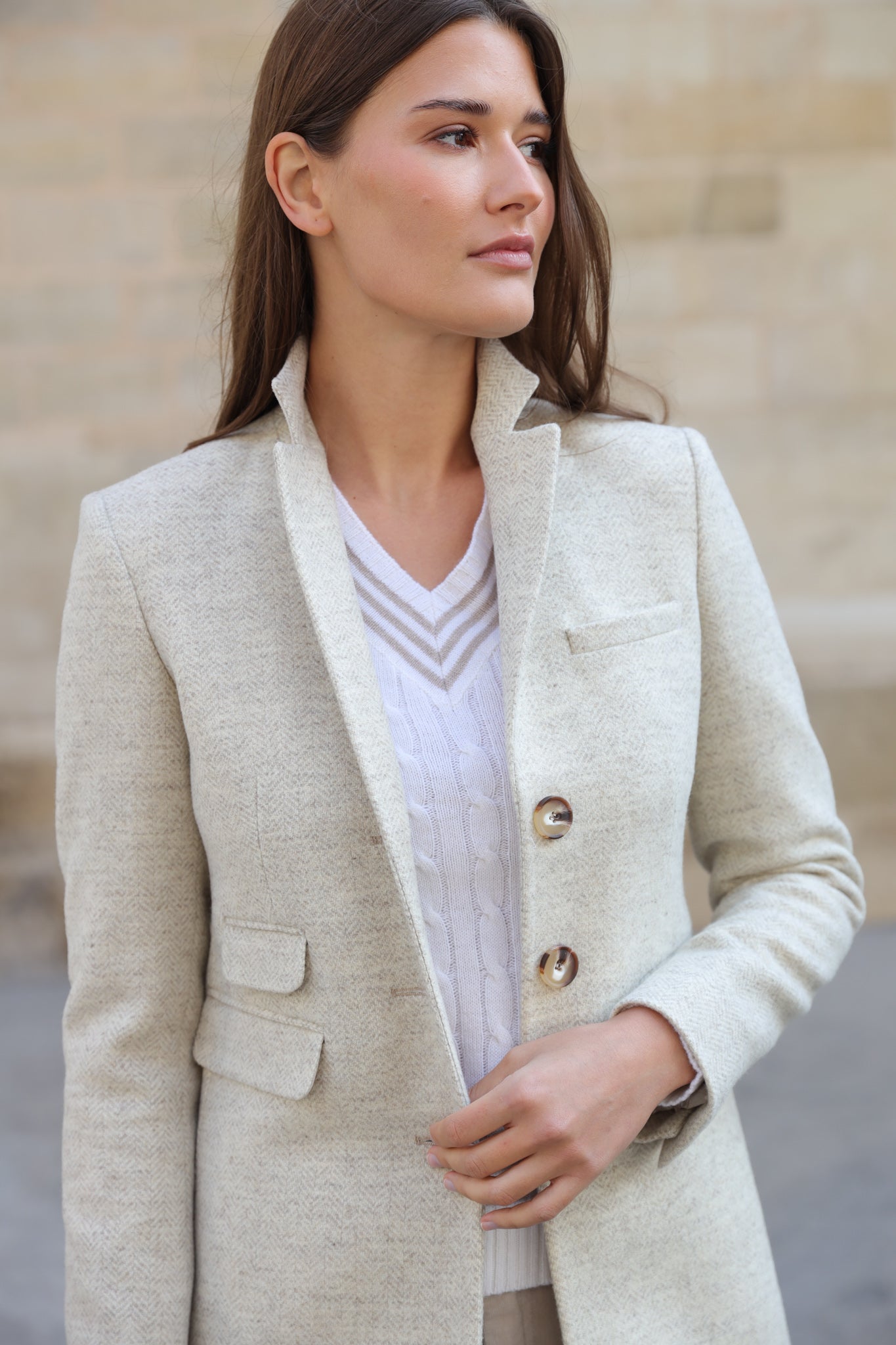 Manteau Jemma redingote 100% laine - Chevron écru-MANTEAU FEMME-Curling-Paris