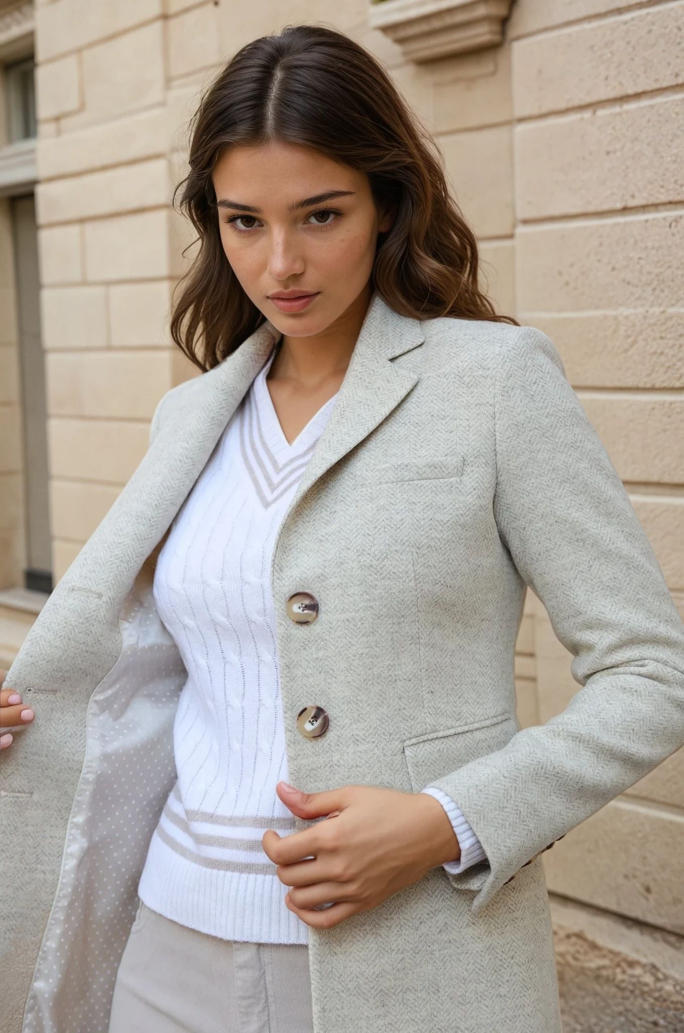 Manteau Jemma redingote 100% laine - Chevron écru-MANTEAU FEMME-Curling-Paris