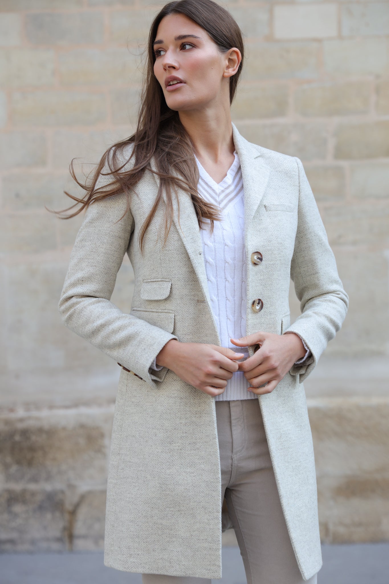 Manteau Jemma redingote 100% laine - Chevron écru-MANTEAU FEMME-Curling-Paris